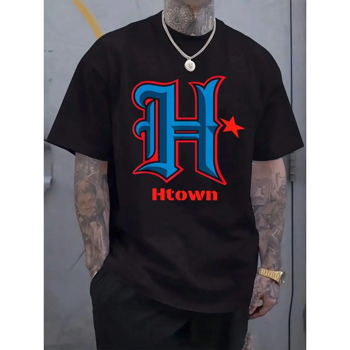 Men'S Houston-Inspired Graphic T-Shirt - Lightweight, Crew Neck, Short Sleeve, Vibrant Blue & Red Design, Perfect For Casual Wear, Sports