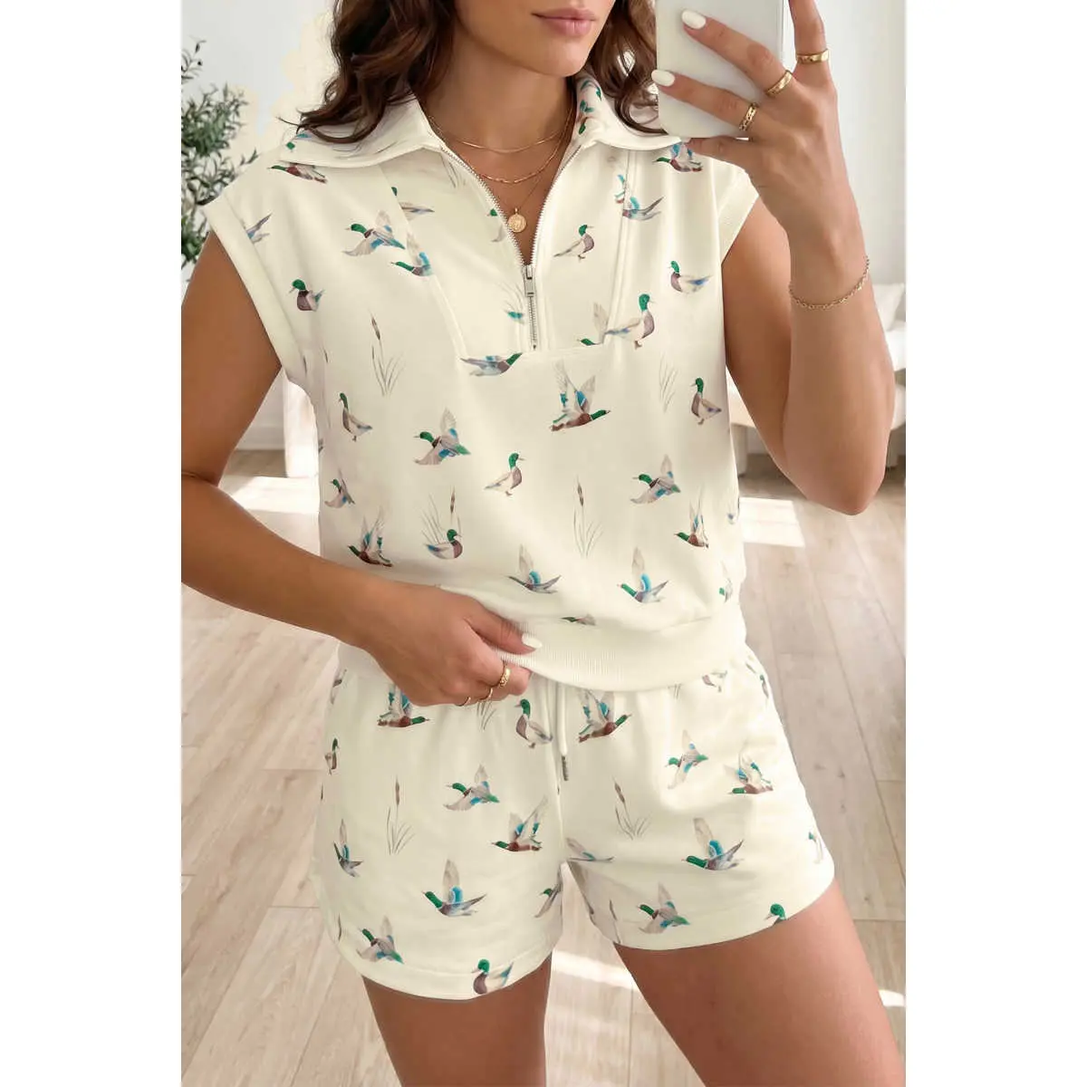 Women's 2-Piece Duck Print Short Set, Casual Collared Zipper Polo Top and Elastic Waist Shorts with Pockets, Women 2 Piece Sets Sleeves Womenswear, Two Piece Sets Women