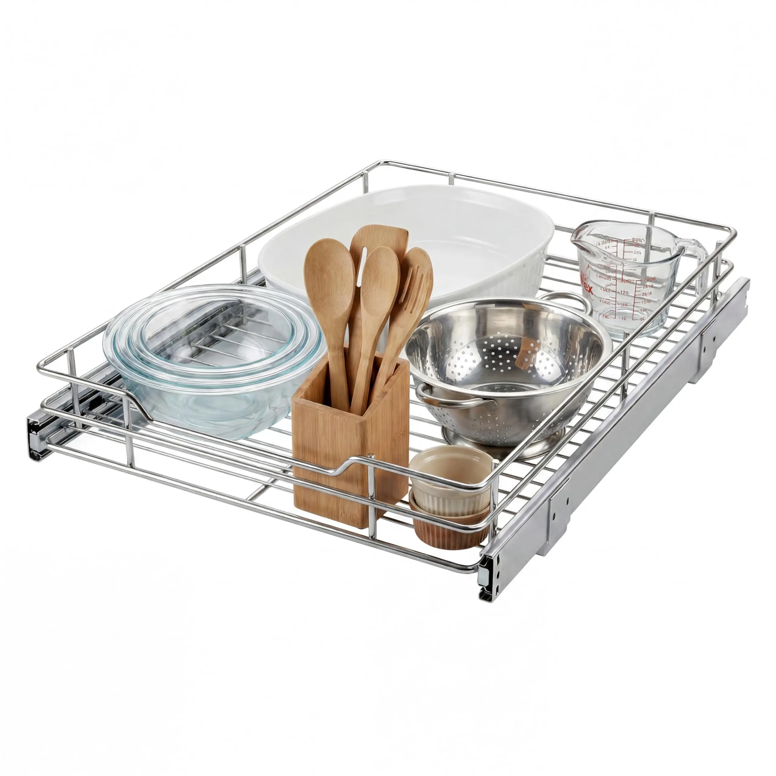 Heavy Duty Pull Out Cabinet Organizer - Chrome Slide-Out Kitchen Storage Shelf with Full-Extension Roll Out Drawer, Easy Install, 50lb Capacity - For Pots, Pans, Under Basin - Silver