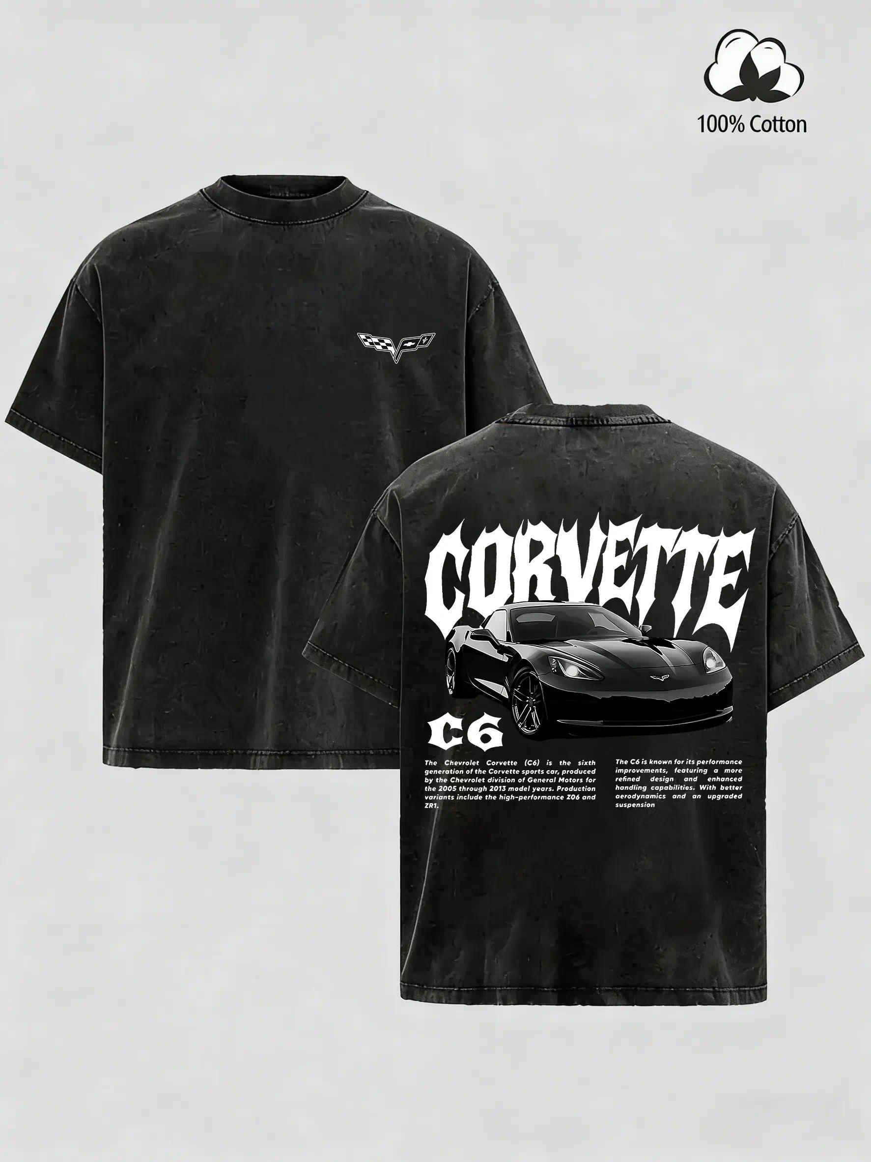 Vintage Washed Corvette C6 Graphic T-Shirt 100% Cotton Crewneck Classic Sports Car Merch for Men Boys Trendy Retro Unisex Top Menswear Tshirt
