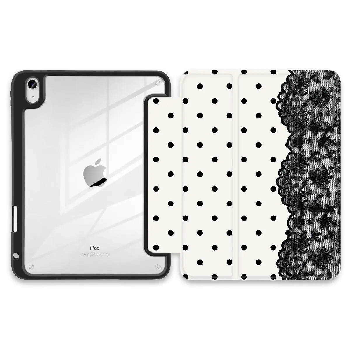 Lace Tri-Fold iPad Case with Apple Pencil Holder, Silk Mocha Texture Folio Cover, Polka Dot Black Lace Pattern, Rigid PC Hard Back Shockproof Protective Case for iPad Series
