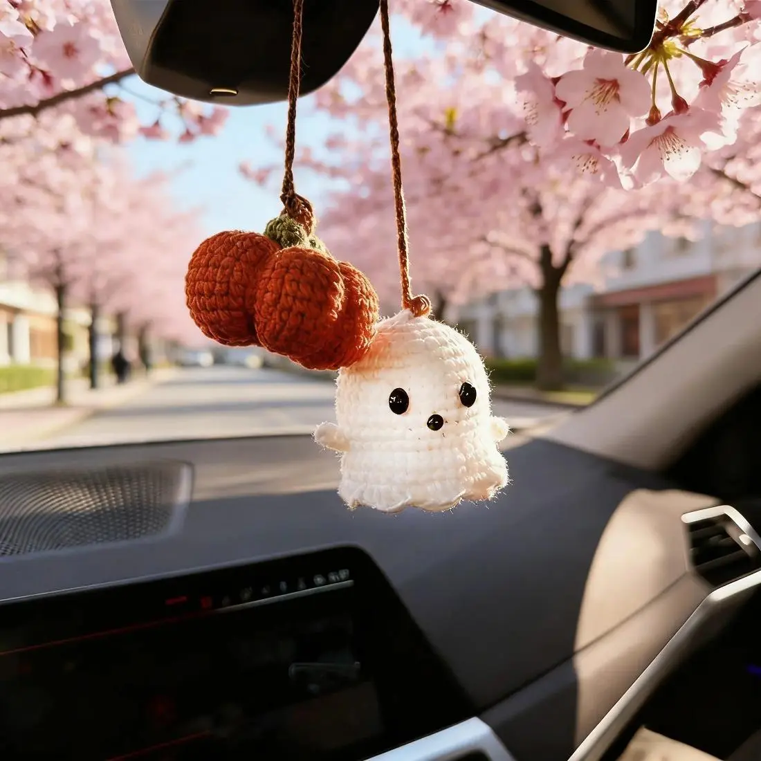 Cute Handmade Crochet Car Charm, Ghost Pumpkin Rear View Mirror Hanging Ornament, Cozy Aesthetic Car Decor, Kawaii Amigurumi Decoration for Women, Seasonal Fall Halloween Accessories, Road Trip Essentials