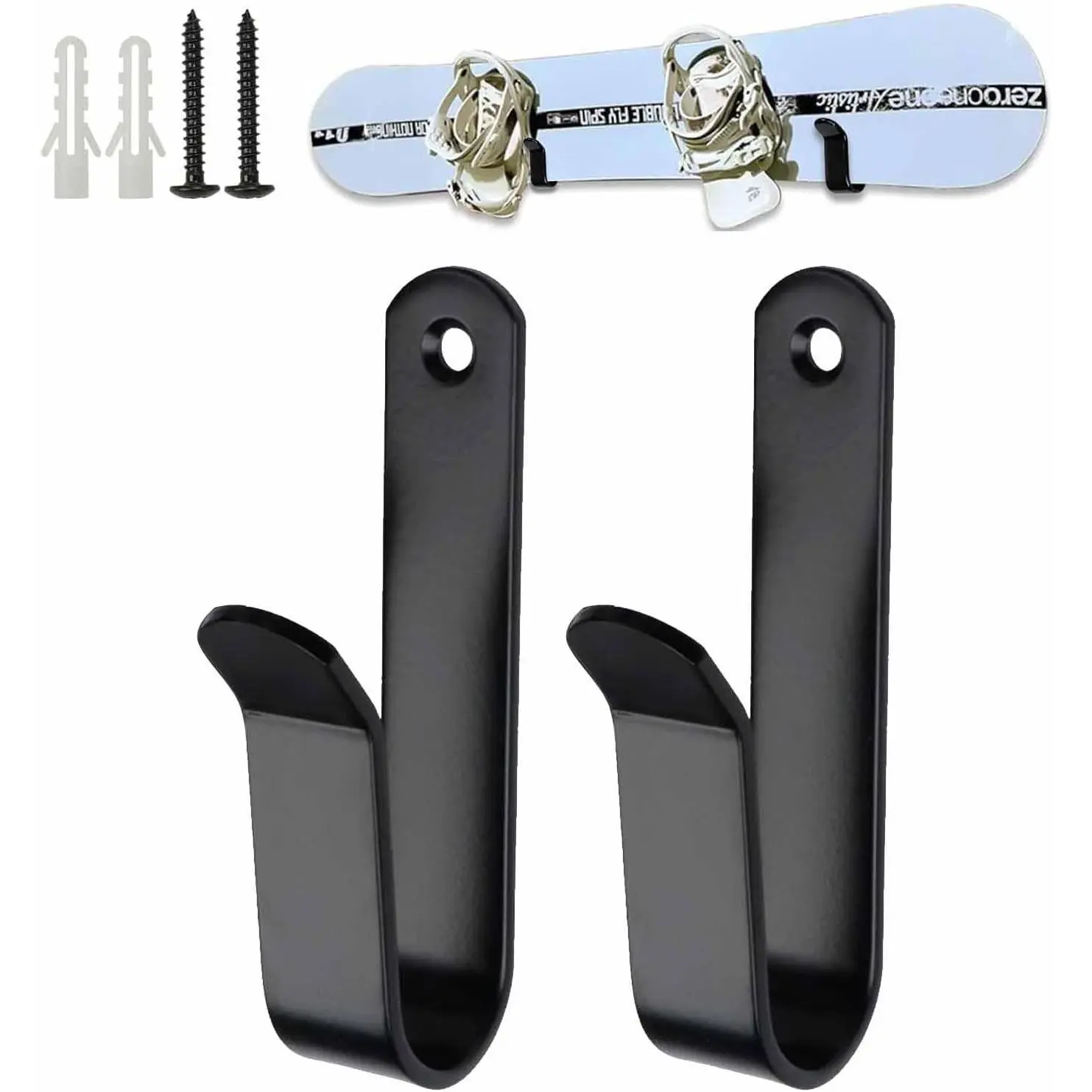 Black 2-PCS Horizontal Snowboard Wall Mount & Skateboard Display Rack - Hanger Clips for Snowboards, Longboards, Skateboards - Space-Saving Storage Solution for Garage, Bedroom, Long Boards, Secure Clips