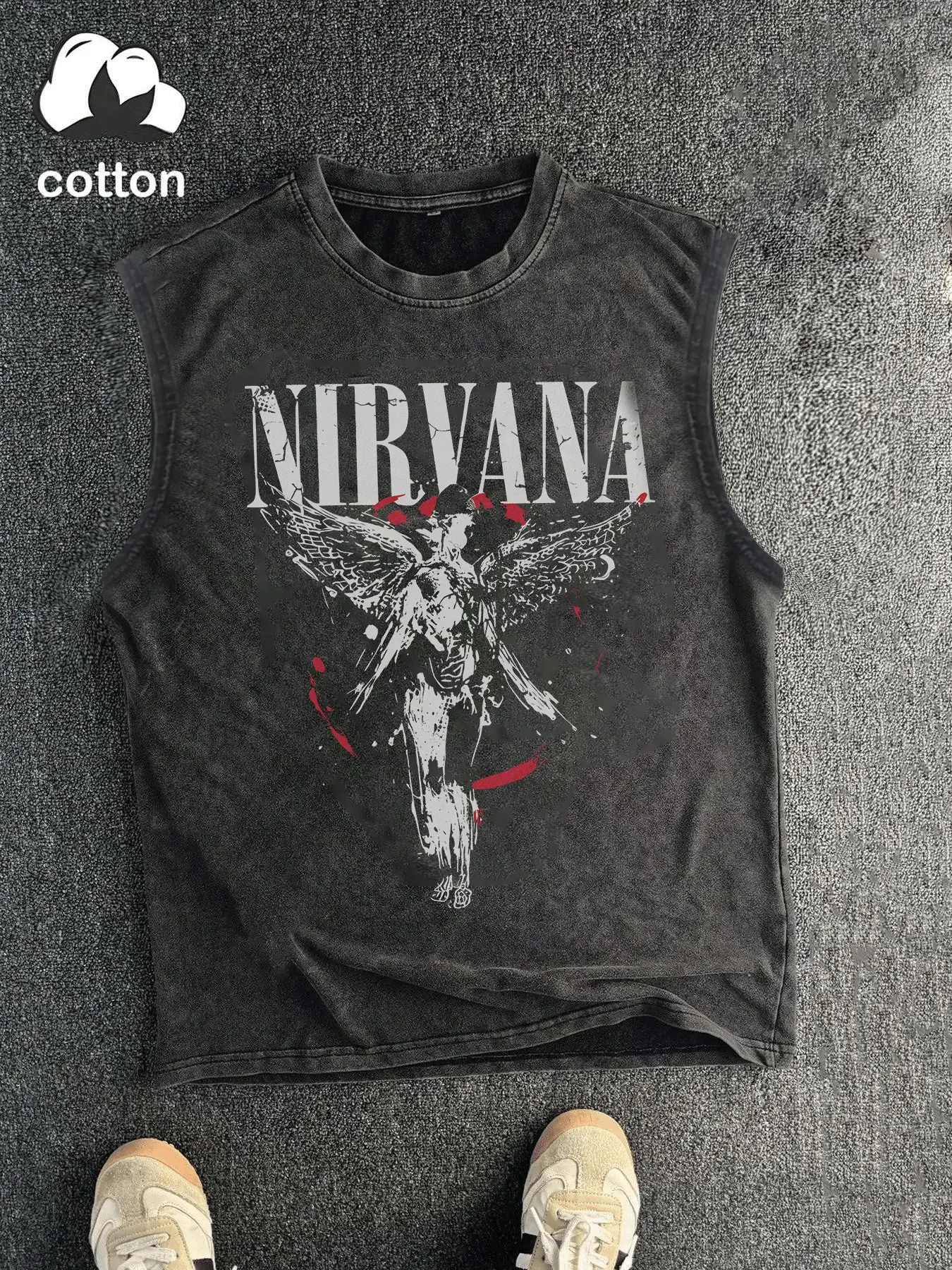 Men's Vintage Washed Nirvana Angel Rock Band Print Graphic Sleeveless Cotton Tank, Tank Top Casual, Streetwear Crew Neck Cutoff Muscle Vest, Retro 90s Grunge Punk Band Aesthetic & 100% Cotton Fabric, Daily Streetwear Sleeveless Top for Men