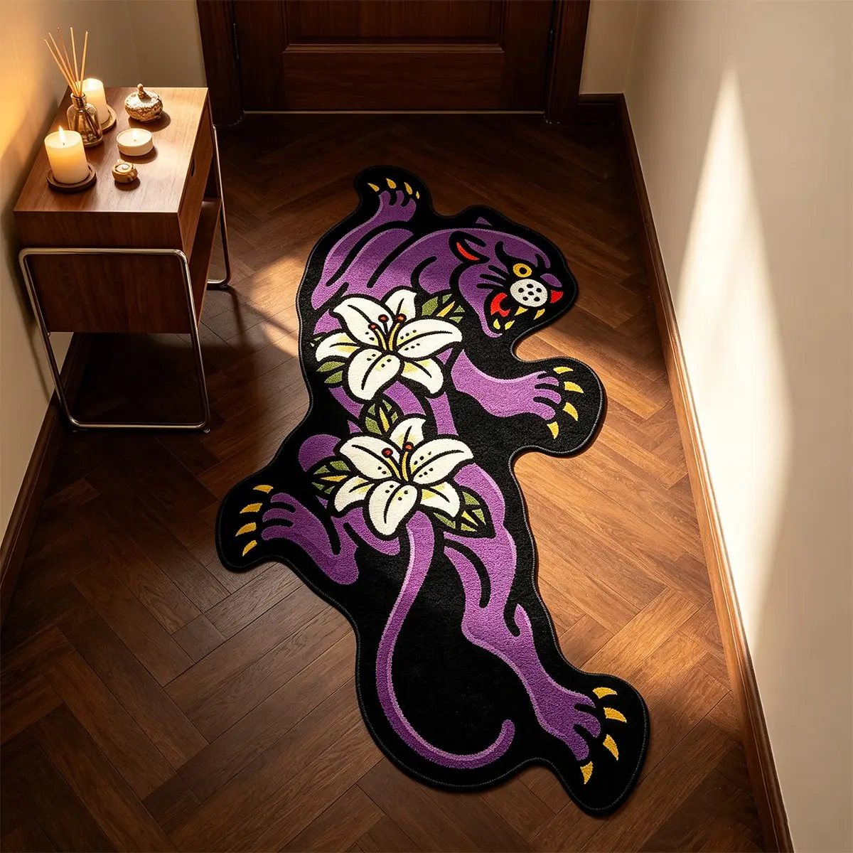 1 American-style purple leopard rug, Old School-style irregular shape rug, bedroom non-slip floor mat, American retro home decor rug, Indoor Rug, Decorative rug, birthday gift, suitable for living room, bedroom, kitchen