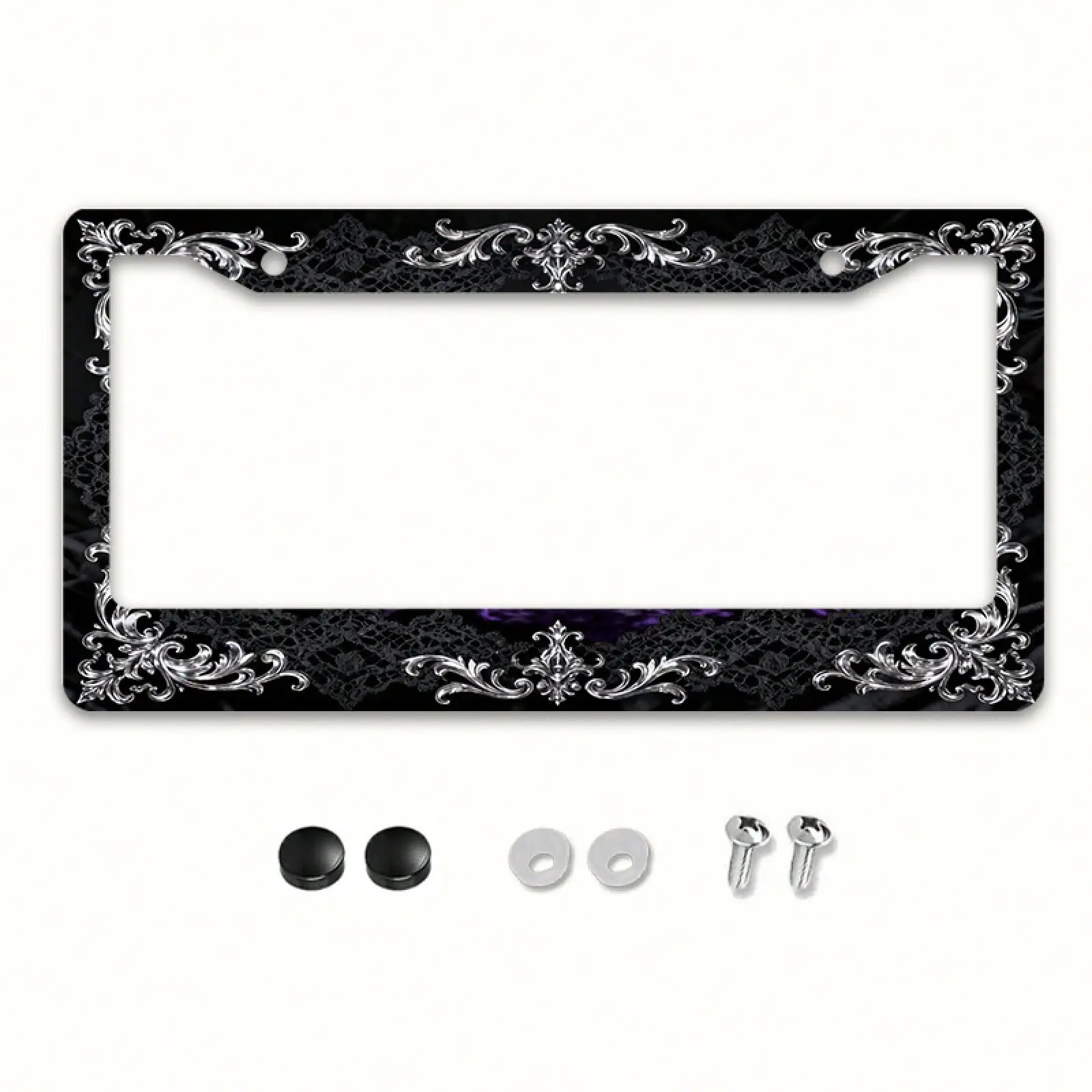 1pc Vintage Silver Metal License Plate Frame - Luxury Engraved Black Lace Car Tag Holder with Screws, Antique Dreamy Style Auto Decor Car Accessories Auto Parts Accessories License Plate Cover Fits US 12x6in