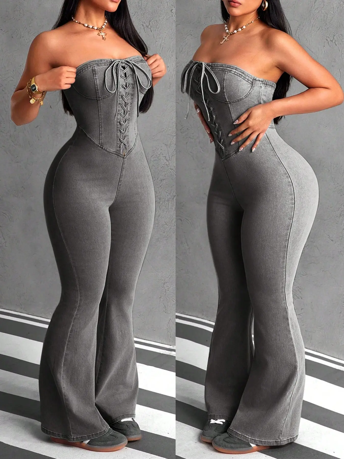 High-Waisted Tie-Band Crop Top Flared Denim Jumpsuit, Retro Fishbone Waist Design, Perfect Shoulder Line, American Vintage Hourglass Body Shaper