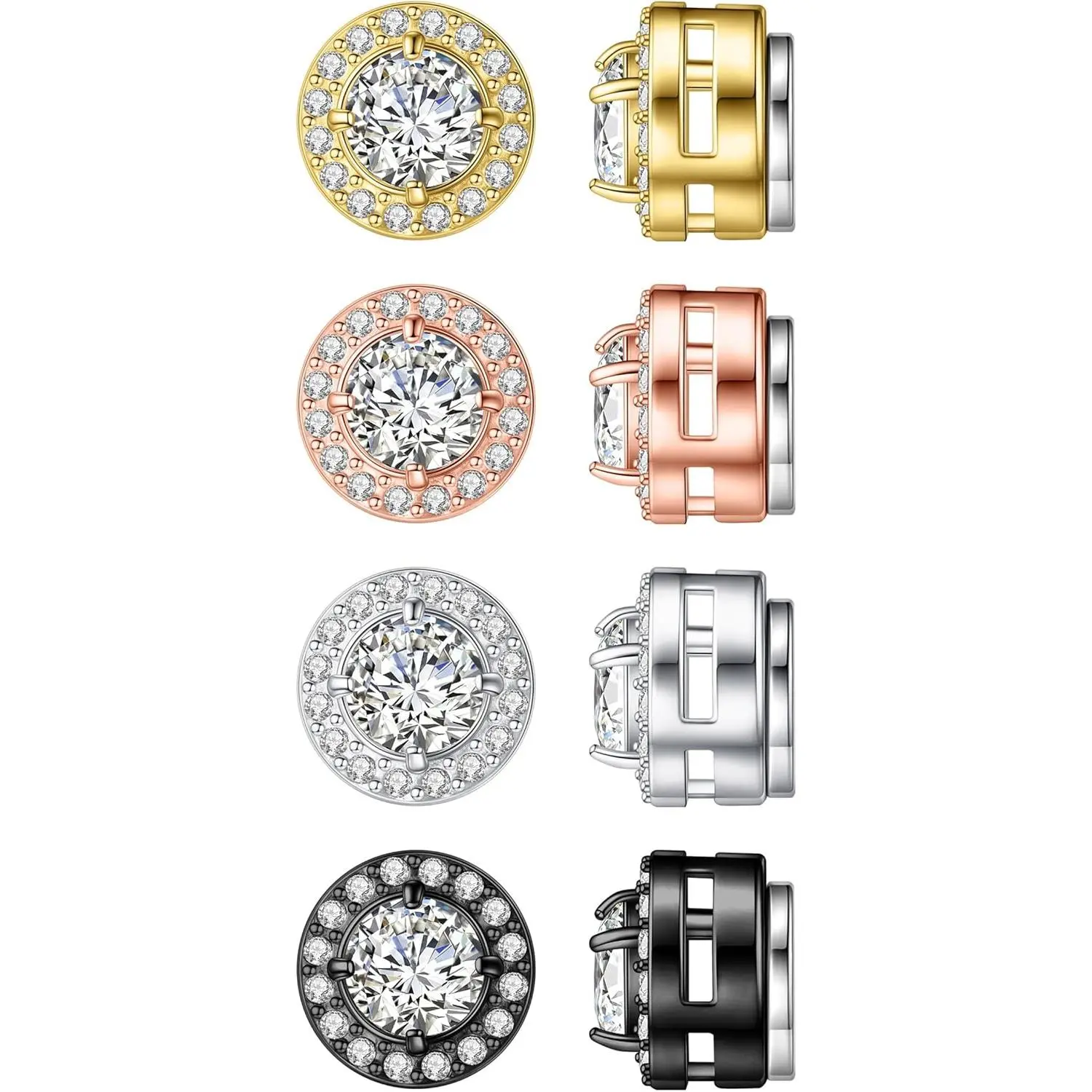 Men's & Women's 4 Pairs Magnetic Clip-On Earrings - Stainless Steel, Lead-Free, Hypoallergenic CZ Studs, Polished Surface, Multiple Colors, Non-Piercing Set, Birthday, Polished Finish