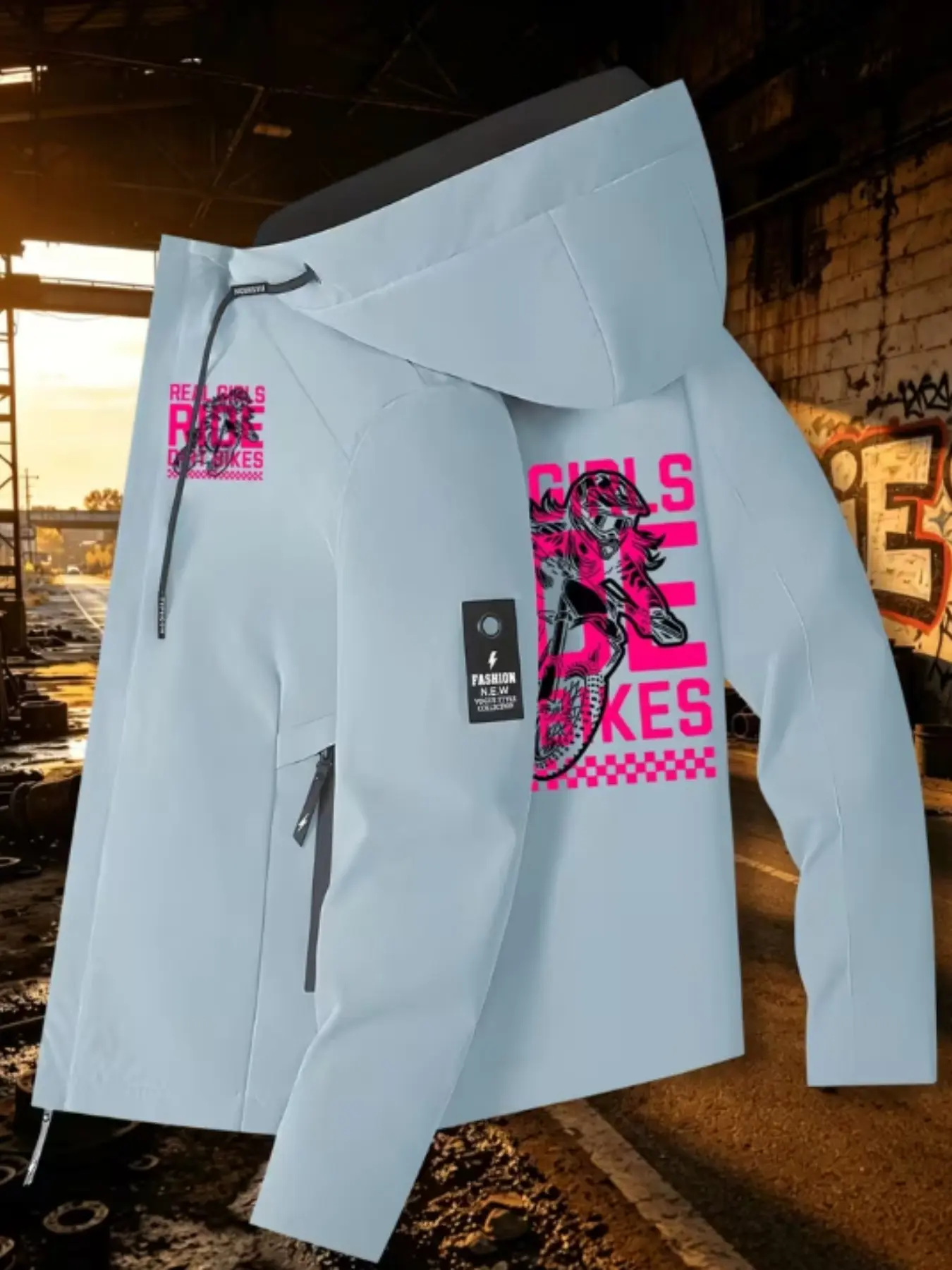 Women's Windproof Sport Jacket, Pinkish Off-Road Rider Pattern, Long Sleeve Zip Pocket Hooded, Lightweight Breathable, All-Season Outdoor Casual