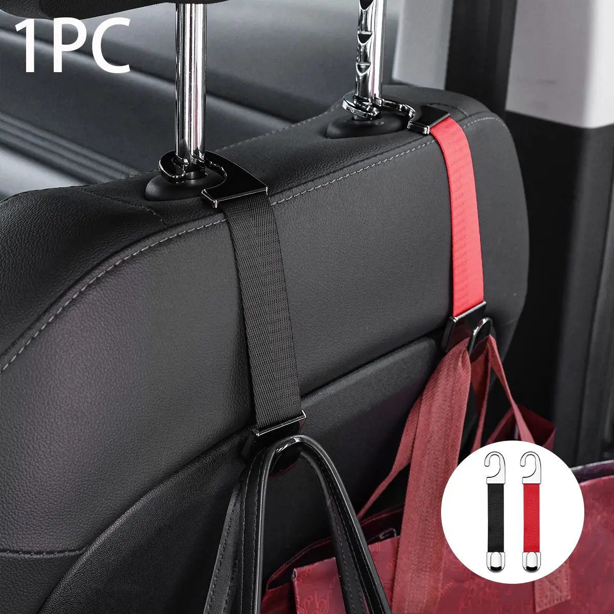 Car Headrest Pole Storage Hooks, High Toughness Nylon Strap Metal Seat Back Hanger, Hidden Design Vehicle Interior Organizer Accessories