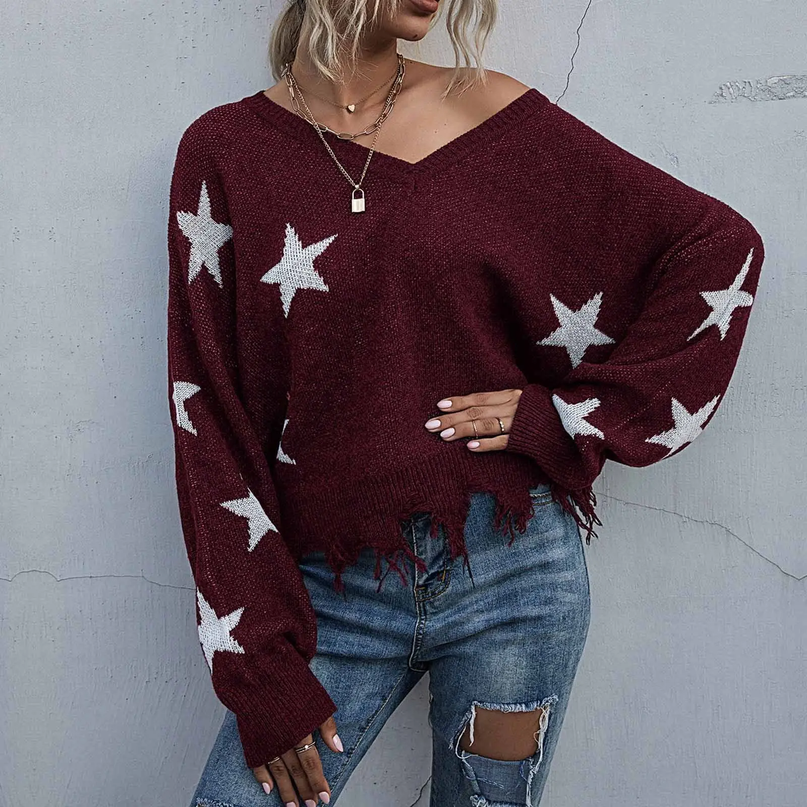 Y2K Grunge Aesthetic Star Print Distressed Sweater Women V Neck Drop Shoulder Fringed Hem Cropped Knit Pullover Streetwear Top Casual Cute