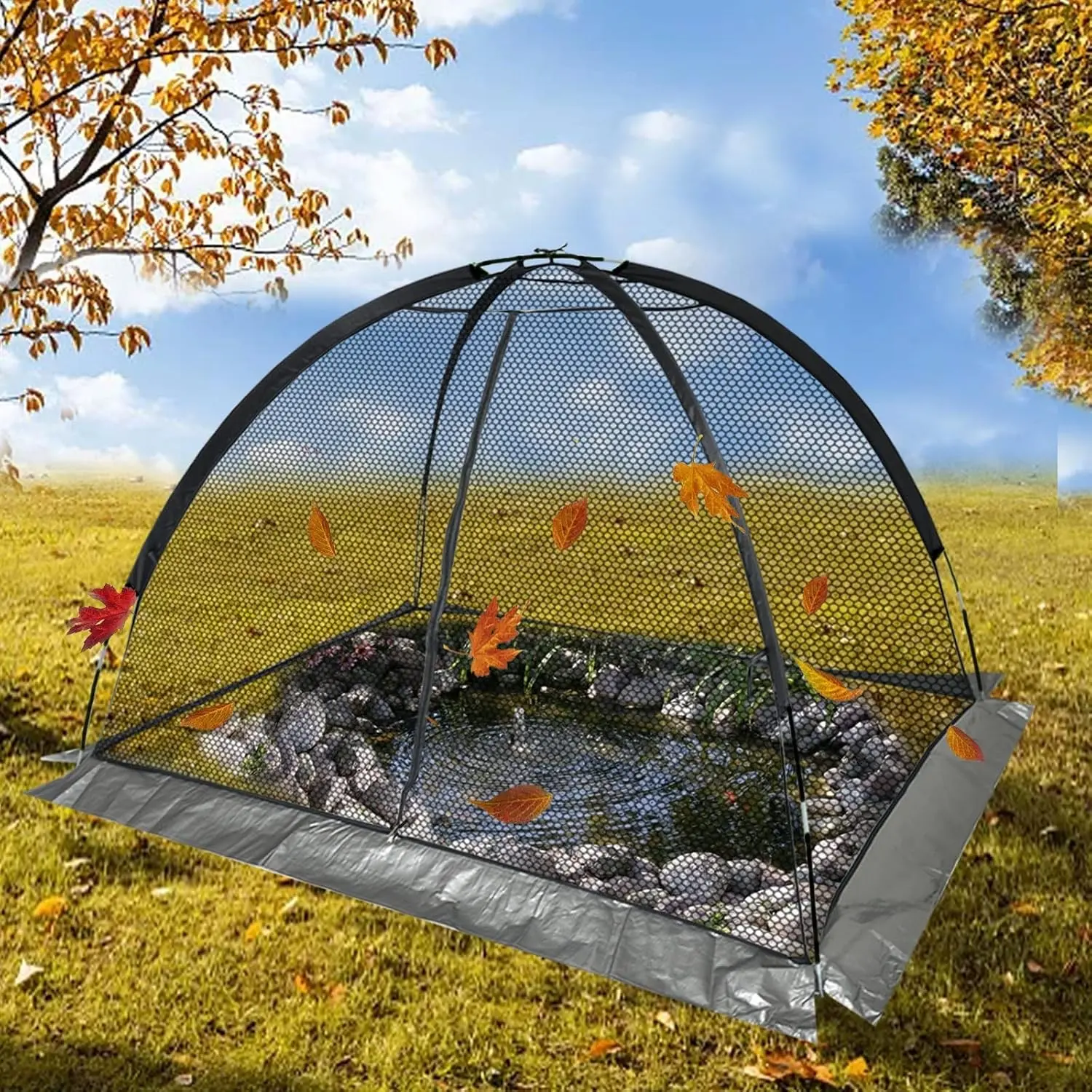 Pond Cover Dome Netting Tent 7x5 Ft - Reinforced 420D Sleeves Garden Fish Protector for Koi Blue Heron Defense Leaf Guard with 7.9mm Fiberglass Poles Zipper Stakes