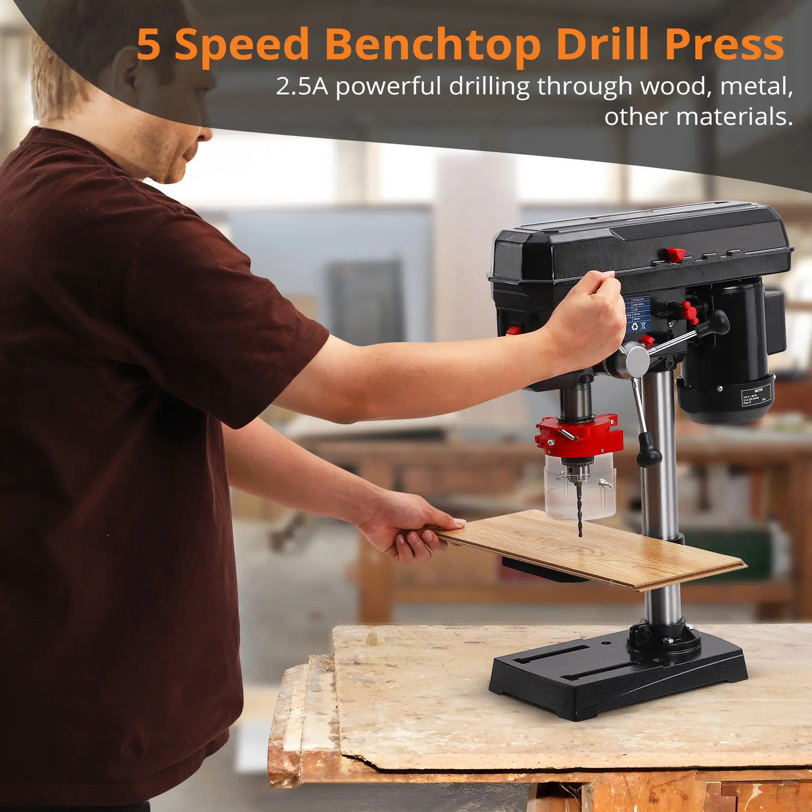 8-Inch Benchtop Drill Press with Chuck and Metal Base, 2.5Amp Electric Drilling Machine, 5-Speed Adjustable, 0-45° Tilting Table, Swing Distance, for Drilling Wood and Metal