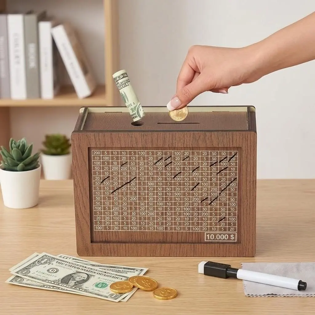 Wooden Money Saving Box with Savings Target & Digital Counter, Vintage Cash Coin Storage Jar, Reusable Piggy Bank for Adults & Kids, Savings Challenge Tracker, Craft Decor Ornament for Home, Financial Goal Planner