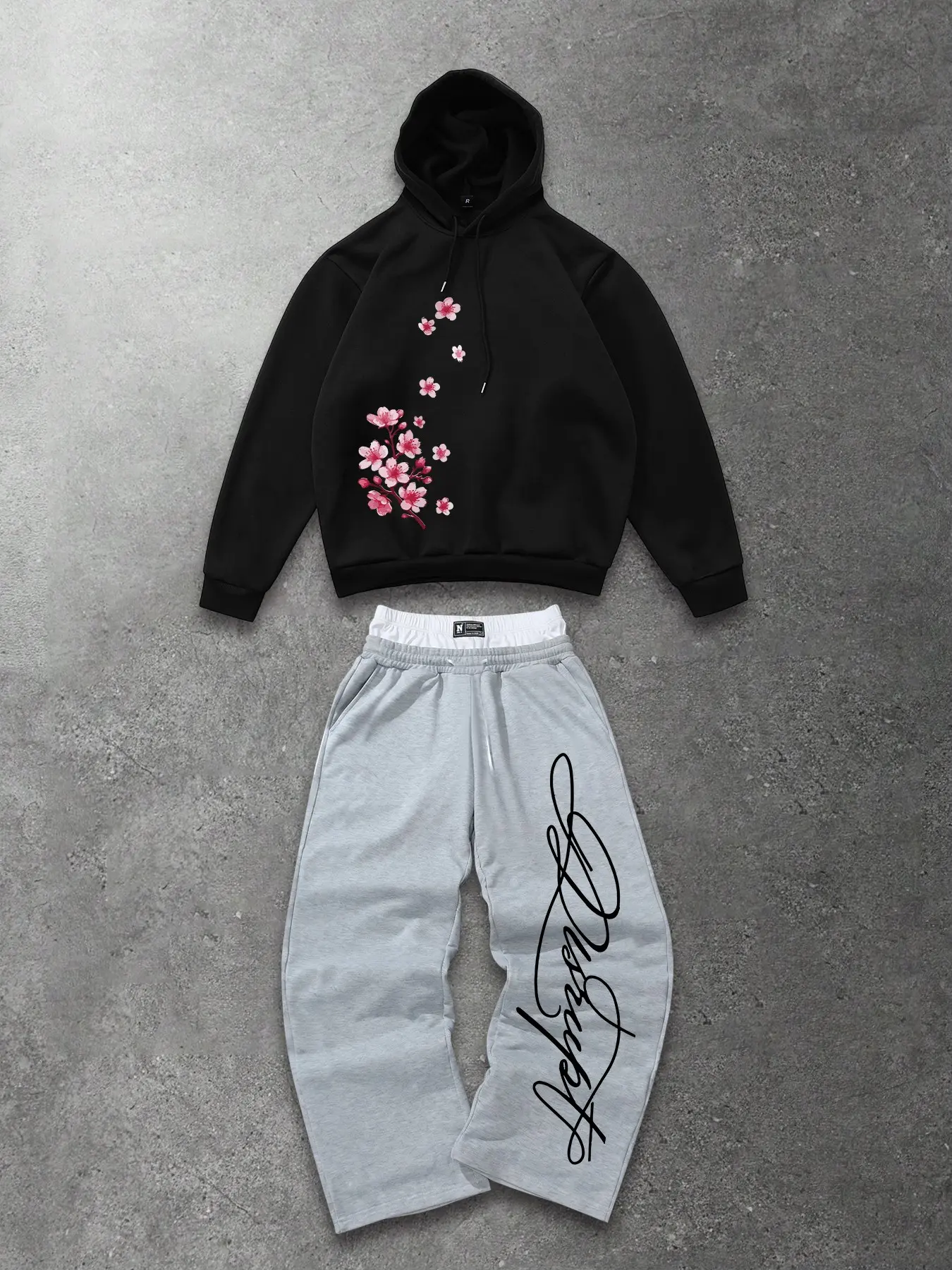 Korean Y2K Streetwear Matching Hoodie Sweatpants Two Piece Outfit Pink Cherry Blossom Side Print Pullover Hoodie, Long Sleeve Vertical Handwriting Script Logo Pants Adjustable Drawcord Casual Loungewear Fit For Home Relax Shopping Errands Campus Dail
