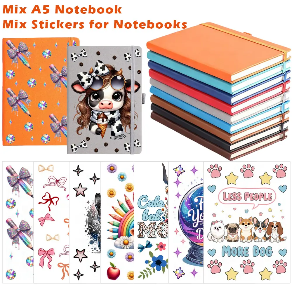 13pcs Lined Journal Notebooks & Sticker Set, Include 3pcs Notebook, 10pcs UV DTF Notebook Wraps, 160 Pages, 5.5"x8.3", Hardcover, A5 Medium College Ruled, Journaling/Note-taking/DIY, Ideal As UV-DTF Sticker Book, Fits Office School Home