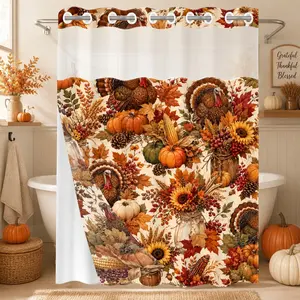 1Pc Hookless Waterproof Shower Curtain, Autumn Harvest Turkey Pumpkin Maple Leaf Vintage Print, Quick Dry Mildew Proof Fabric, Removable Snap-in Liner Accessory, Top See-Through Window, Farmhouse Thanksgiving Divider Curtain 71×74 Inch