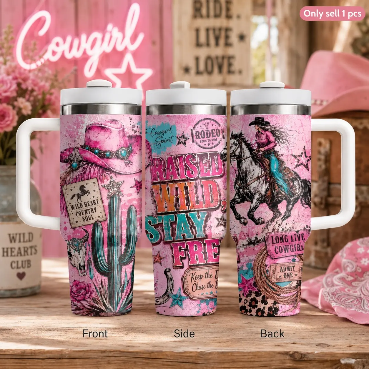 Cowgirl Bull Skull Tumbler 40oz with Handle & Straw, Western Rodeo Design Stainless Steel Vacuum Insulated Travel Mug, Leakproof Cup for Cold Drinks, Car Cup Holder Friendly