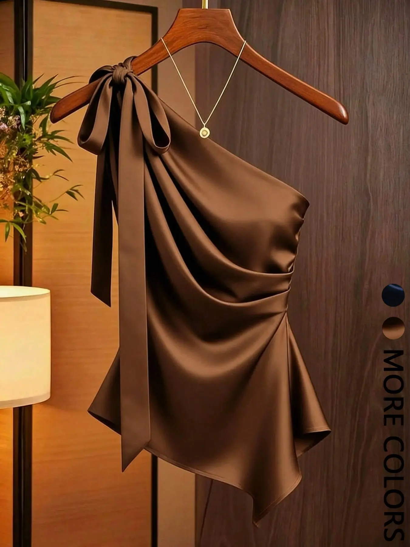 One-Shoulder Satin Draped Blouse with Bow for Women, Smooth Lightweight Top, Elegant Commuter Style