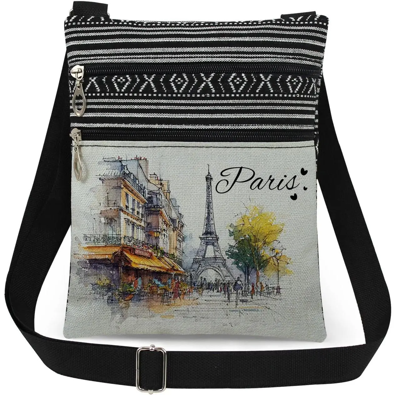 Paris Watercolor Crossbody Bag Elegant Eiffel Tower and City Street Scene Print Messenger Bag Women Adjustable Strap Purse Romantic  for Travel Lovers Dreamy European Inspired Design