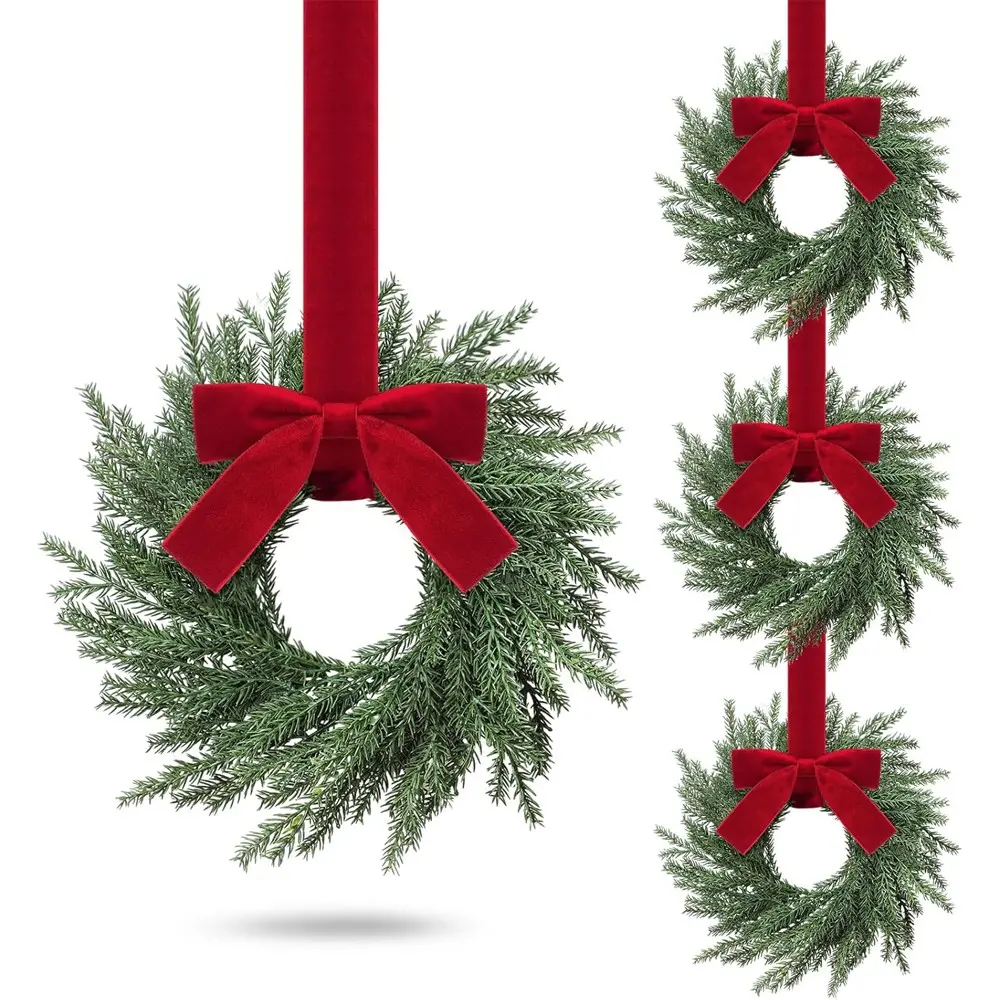 4 Piece Christmas Mini Wreaths, Norfolk Evergreen 12.6 Inch, with Bow and Burgundy Ribbon, Perfect for Holiday Home Decor, Decorative Wreath