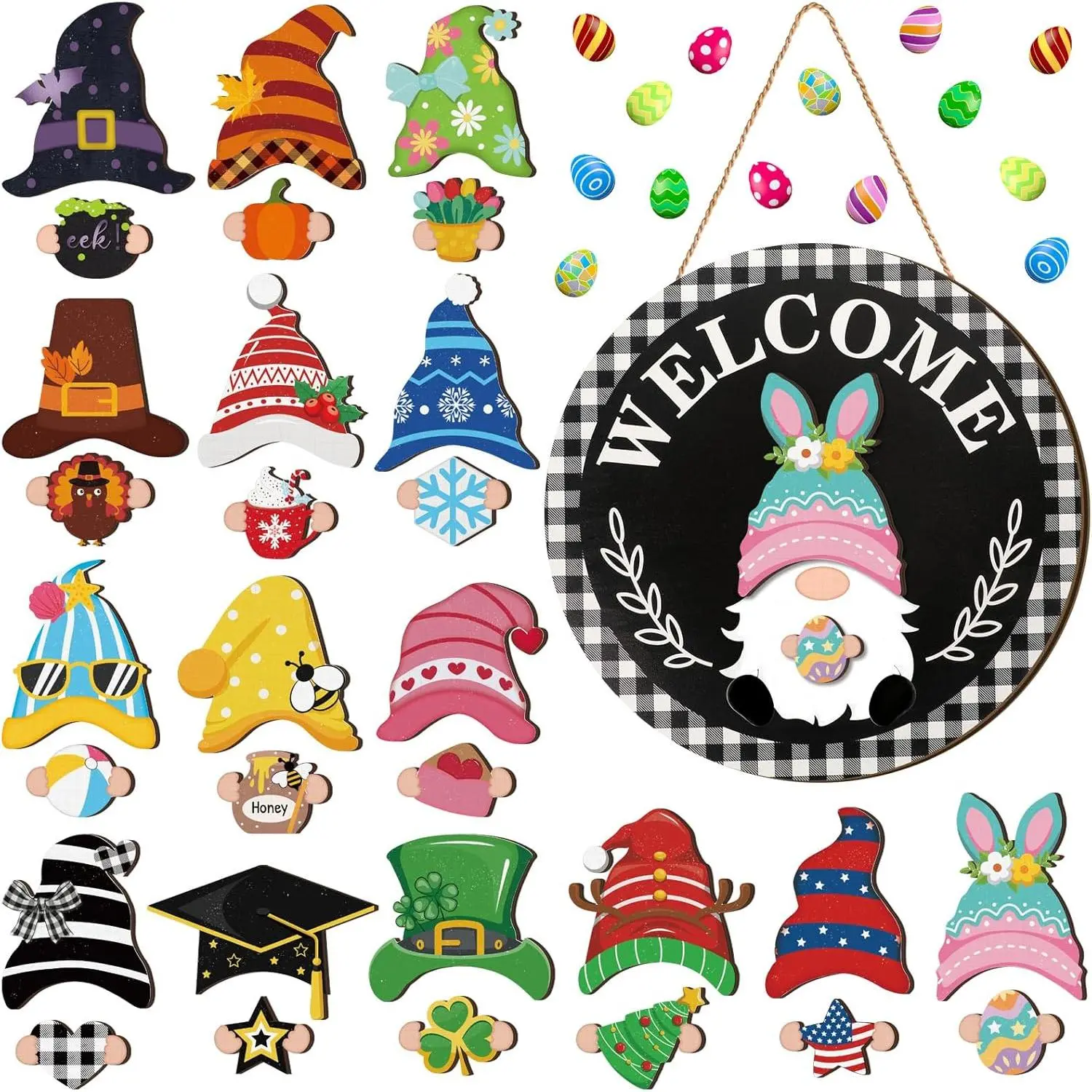 Baby & Maternity Customizable Wooden Gnome Ornaments - Interchangeable Magnet Pieces, Detachable Hats, Changeable Welcome Sign Home Decoration, Wall Decoration (Trendy Style)