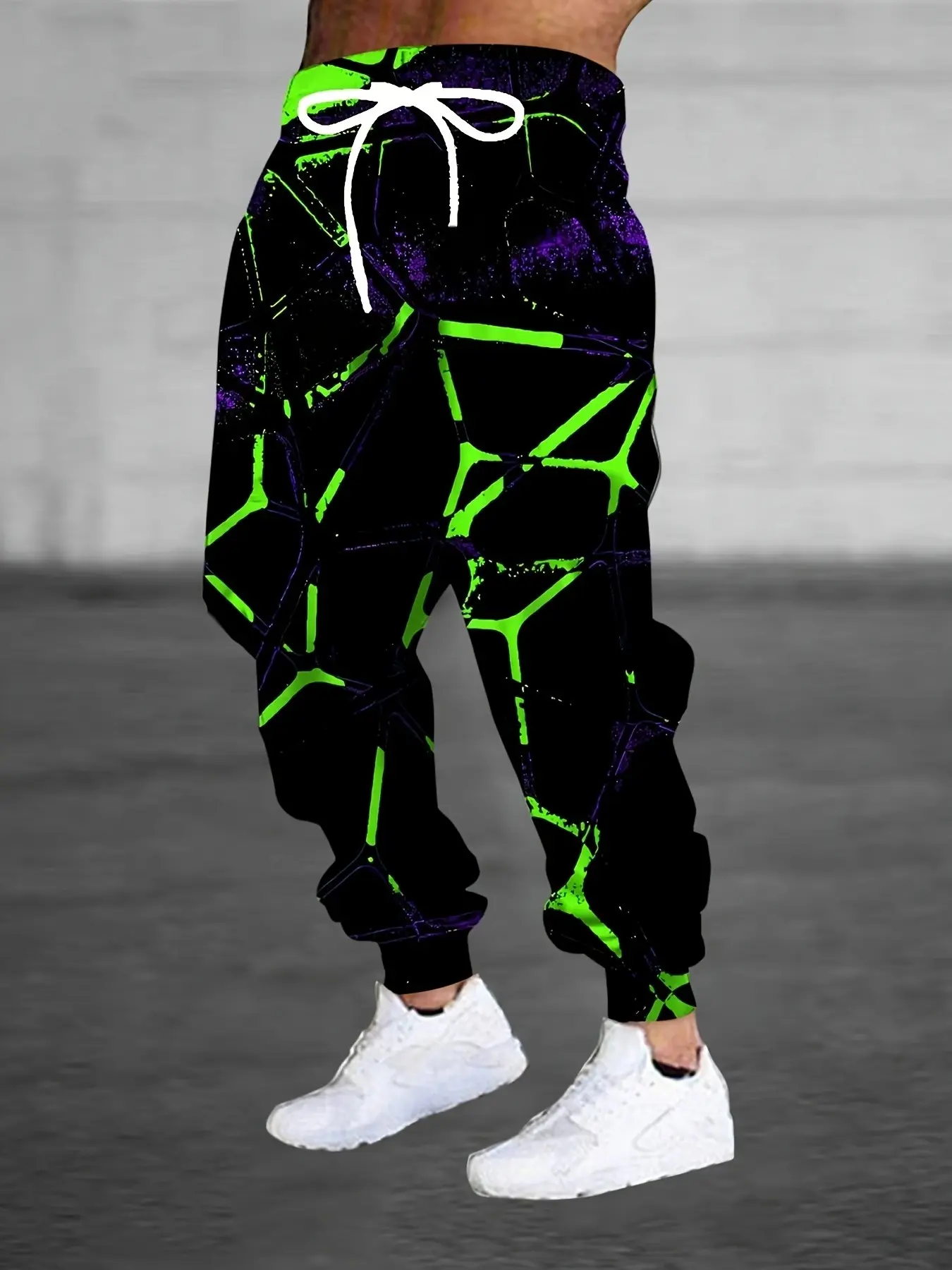 Men's Base Fluorescent Geometric Print Cargo Pants, Drawstring Waist, Cyberpunk Style, Casual Long Pants for Fall
