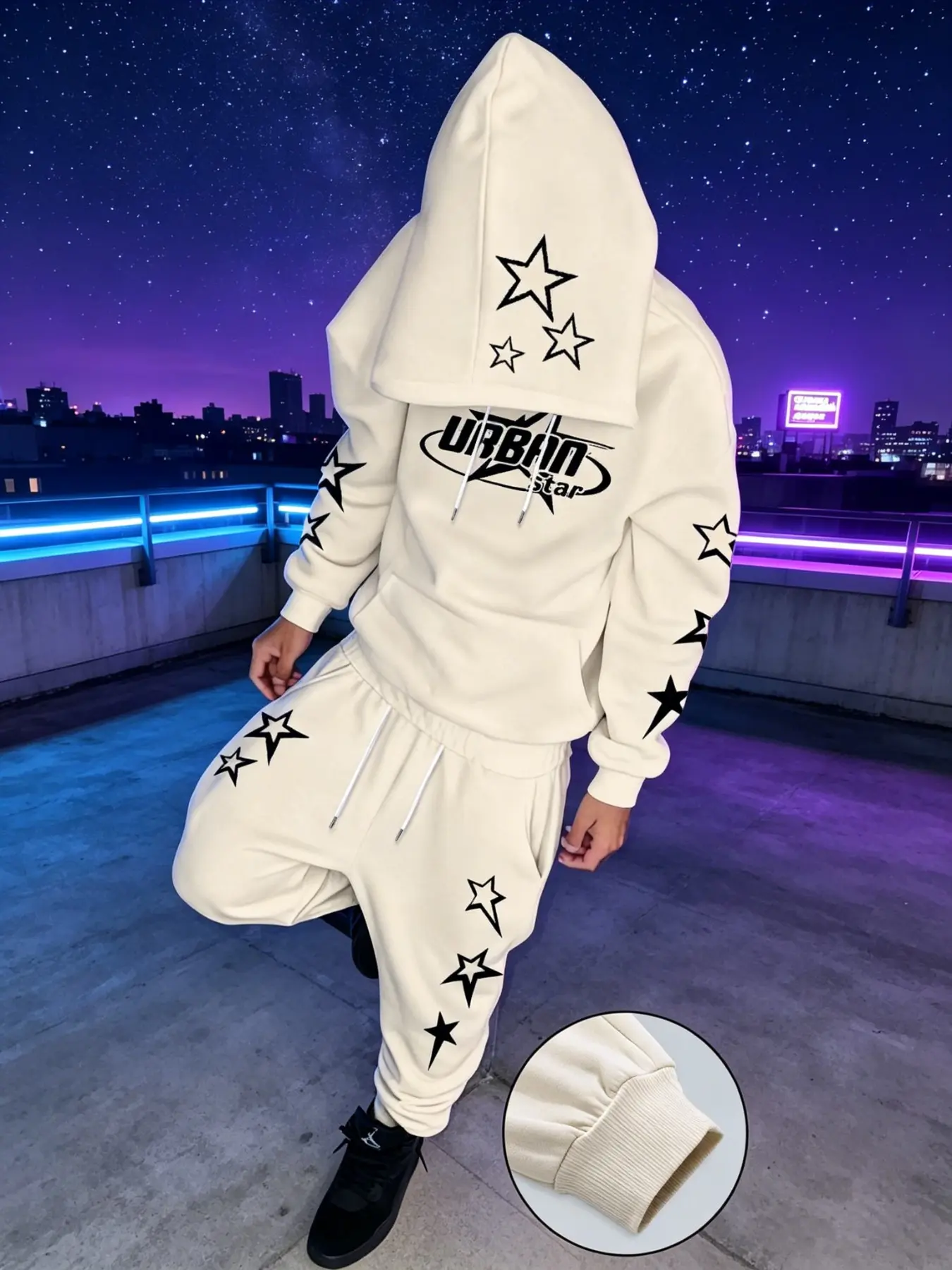 Men's Two-Piece Sports Set, Urban Star Pattern Hoodie + Joggers, Loose Fit Street Style, Casual Wear, Graphic Print, Fitted