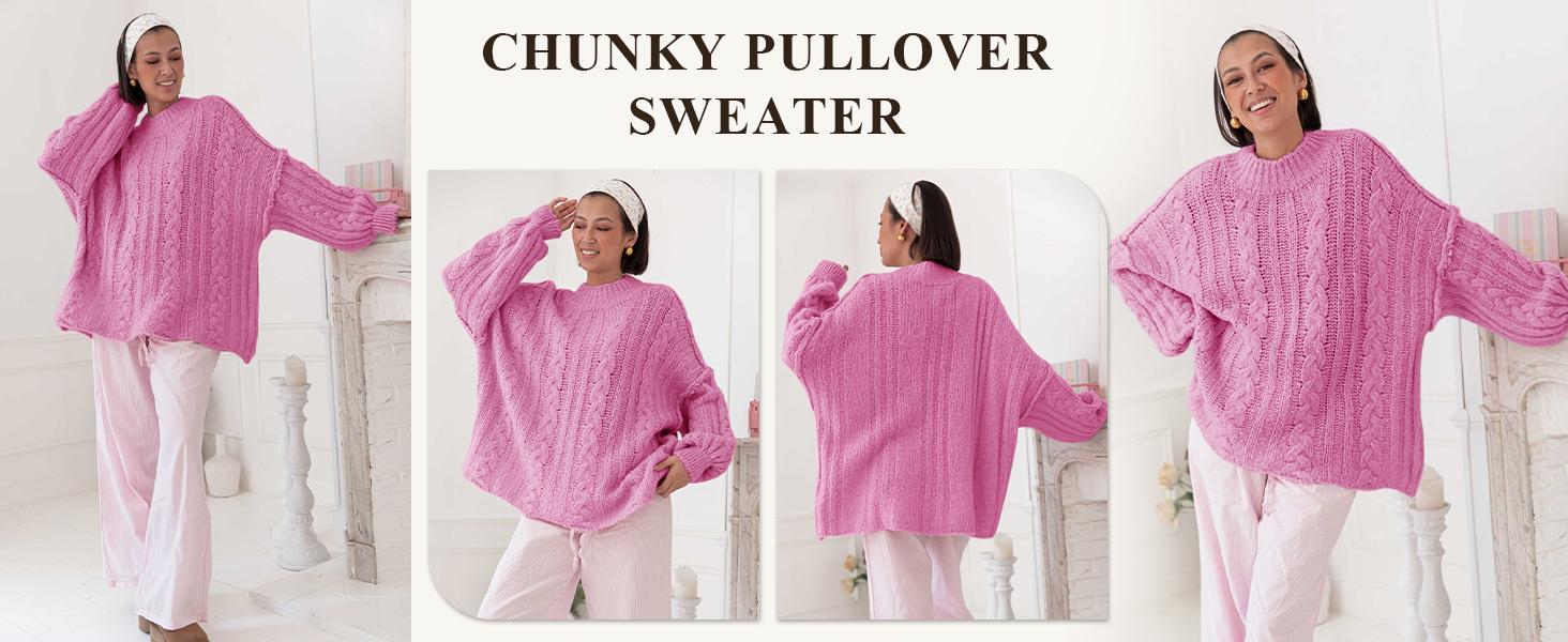 Womens Oversized Sweaters Chunky Cable Knit Crew Neck Casual Long Lantern Sleeve Fall Tunic Sweater Tops