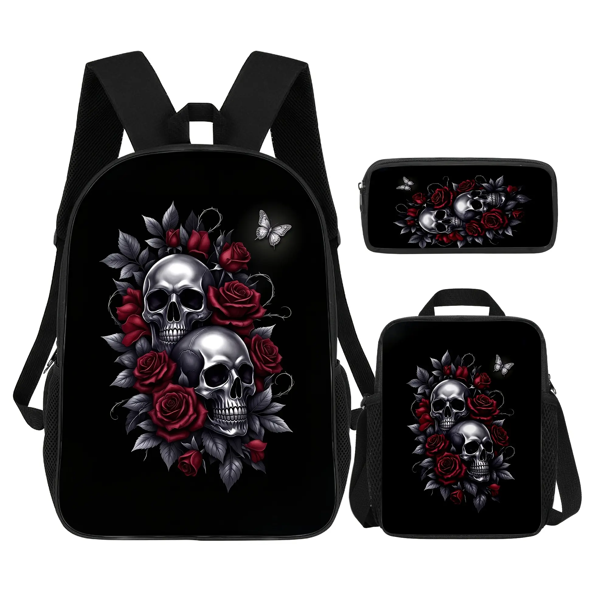 Men's Gothic Skull Rose Printed Art Backpack - Black School Bookbag for Teens & Students, with Padded Straps, Side Mesh Pockets, Top Handle, Hazard-Free, Dark Goth Gift, School Use