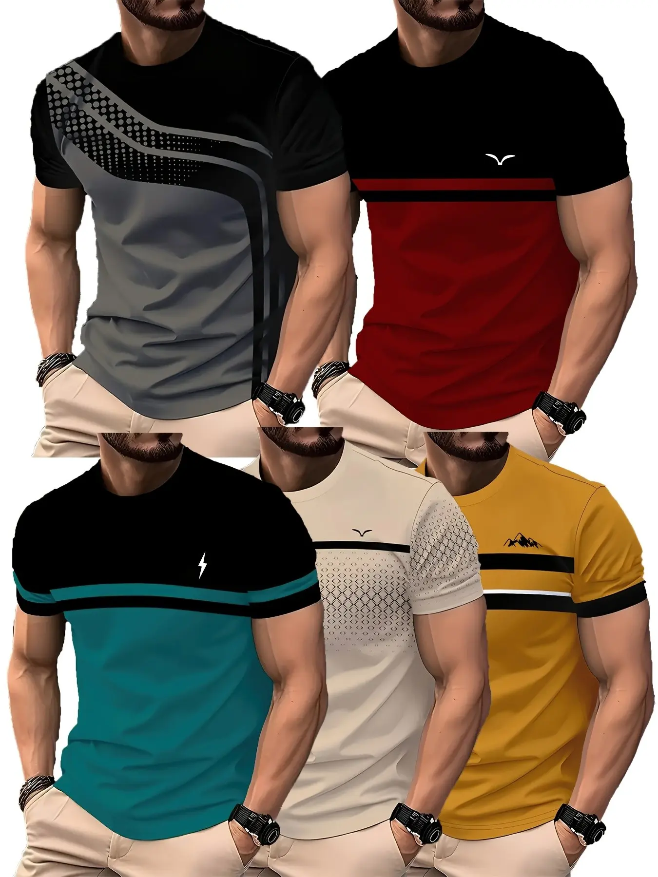 5-Pack Striped Men's Gradient Round Neck Short Sleeve T-Shirts, Fashion Casual Summer Tees, Ideal for Daily Wear and Vacations