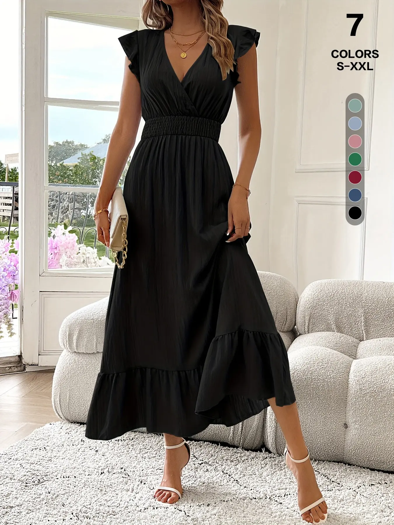 Women Crinkle Textured Midi Dress, Feminine Wrap V Neck Ruffle Cap Sleeve, Smocked Elastic Waist, Flowy a Line, Lightweight Breathable Summer Fabric, Casual Wear