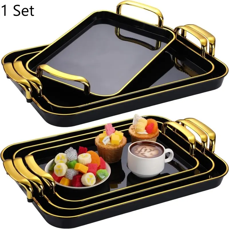 3 Pcs Serving Tray with Handles, Stackable Serving Platters, Rectangle Food Trays,  Party Platters for Dinner, Cookie, Cake, Cheese and Fruit, Plastic Food Tableware for Entertaining, Dinner Parties, Weddings, Rectangular