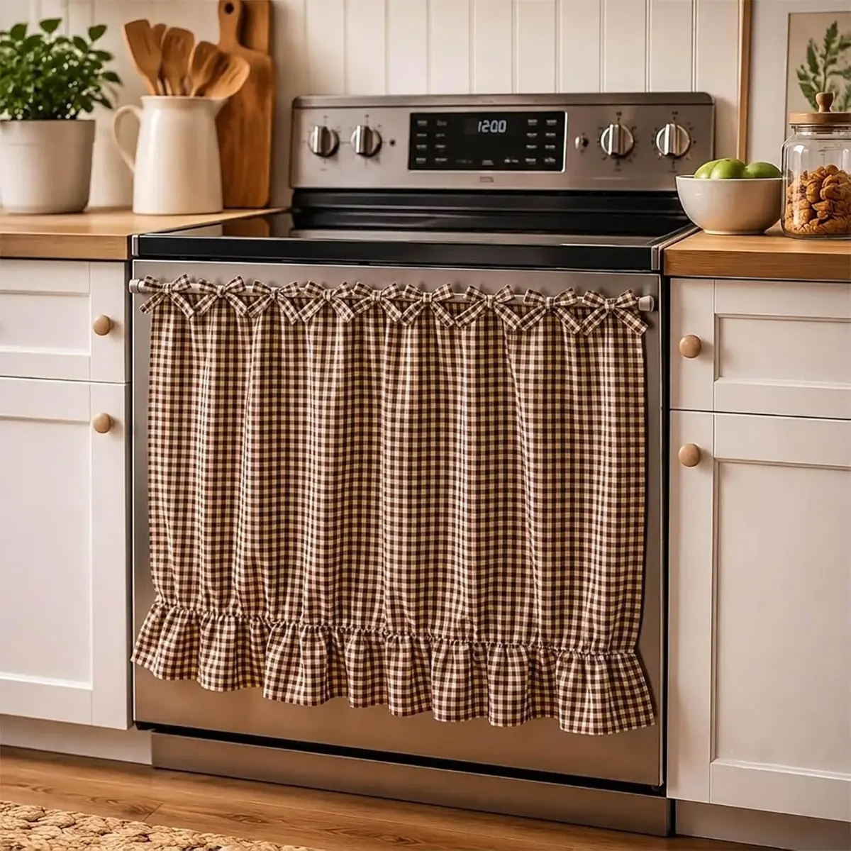 Handmade Gingham Oven Skirt, Cottagecore Stove Protector with Ruffles and Bows - Farmhouse Kitchen House Decor, Oven Stove Cover, Stovetop Cover, Home, Cottage Core Decor, Stove Top Covers, Hob Cover