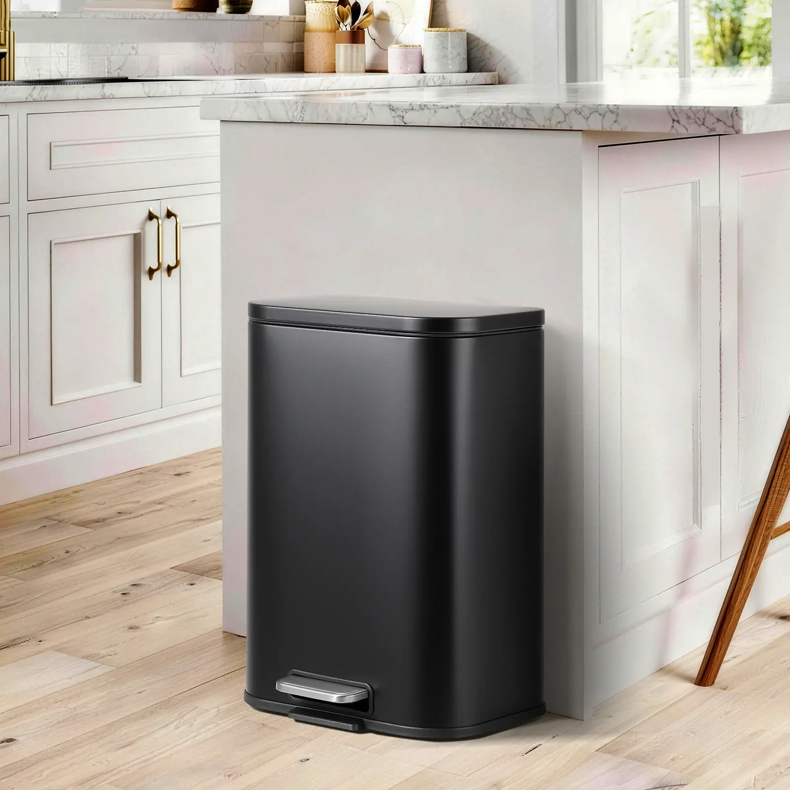 Touchless Trash Can - Fingerprint-Proof Stainless Steel Pedal Rubbish Bin, Soft-Close Lid, Space-Saving, Removable Inner Bucket, 12L/20L/30L, Black/White, Minimalist Modern Cleaning Bin for Bathroom Kitchen Home Supplies