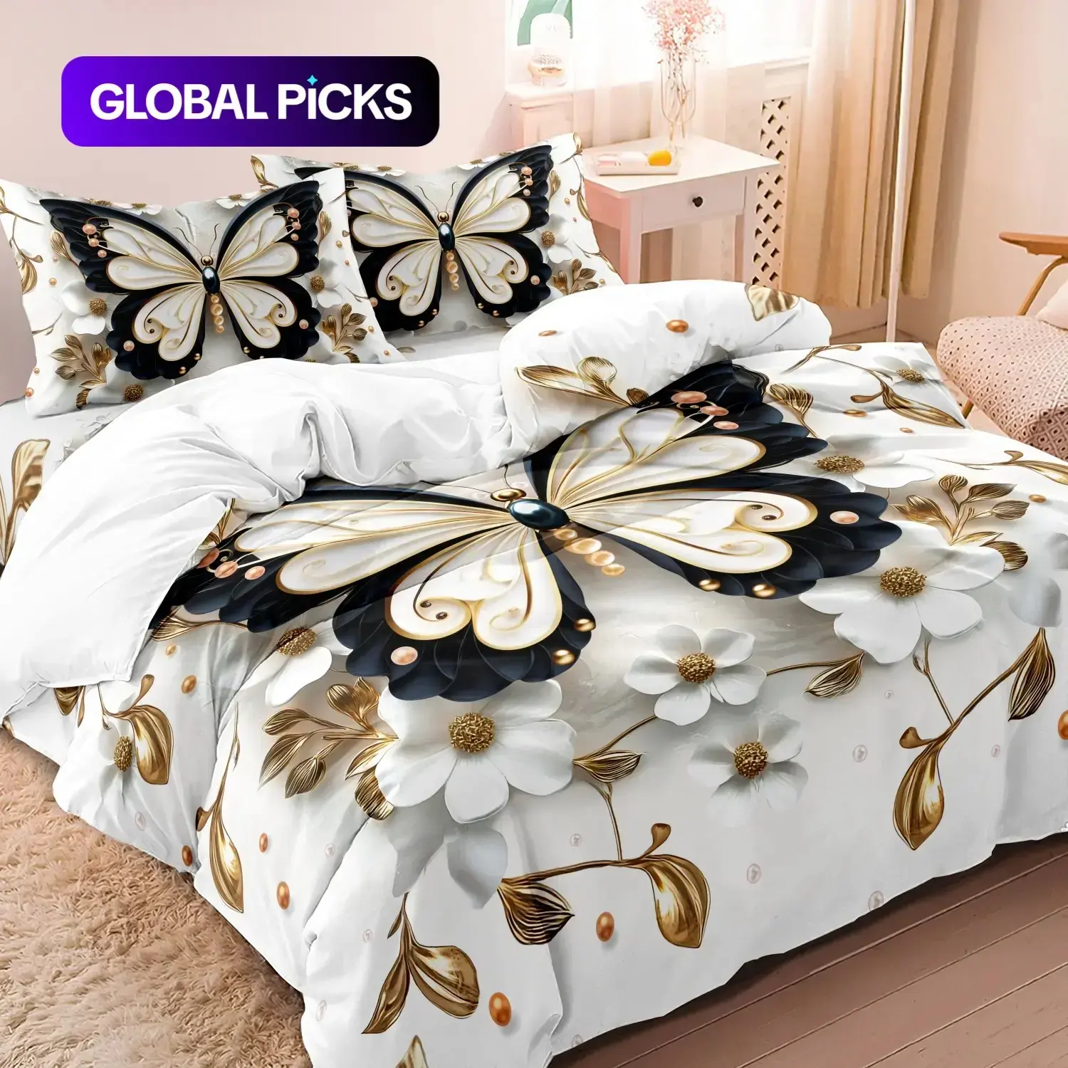 Shiny Rhinestone Butterfly Floral 3 Piece Duvet Cover Set Without Comforter, Multicolor Crystal Butterfly Flower Print Soft Bedding For Bedroom Theme Bedding Set