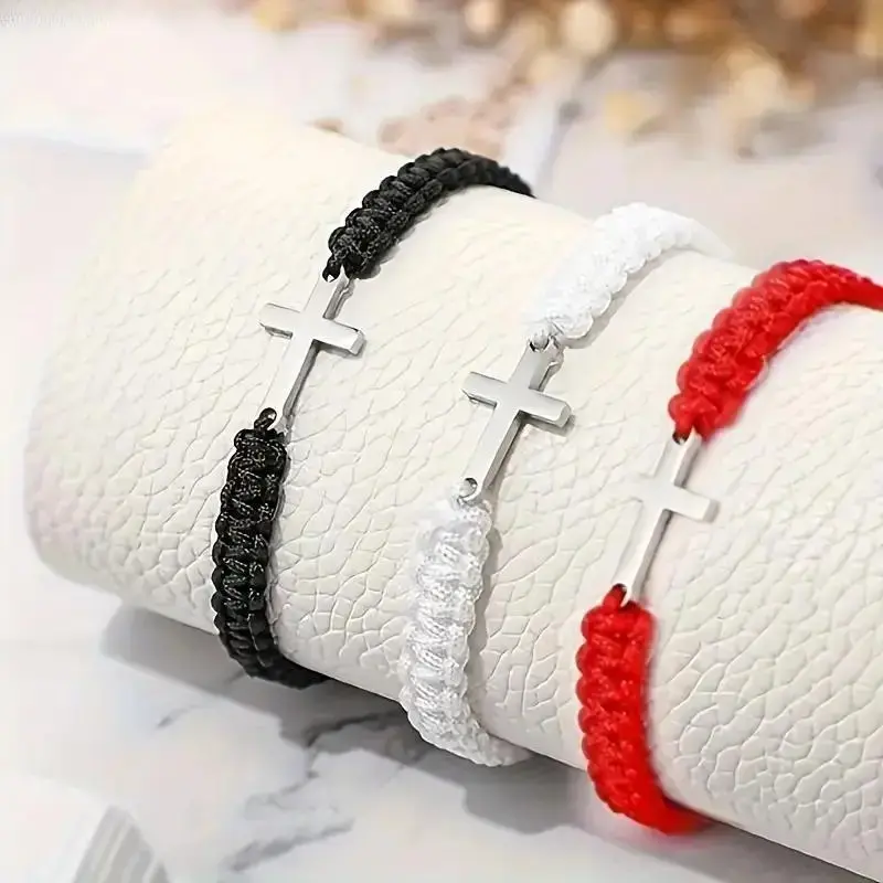 Red-Black-White Anti-Tarnish Stainless Steel Braided Cross Bangle, Adjustable Couple Bracelet Set with Cross Pendant, Fashion Costume Jewelry Accessory, Fashion Cross Bangle, Braided Jewellery