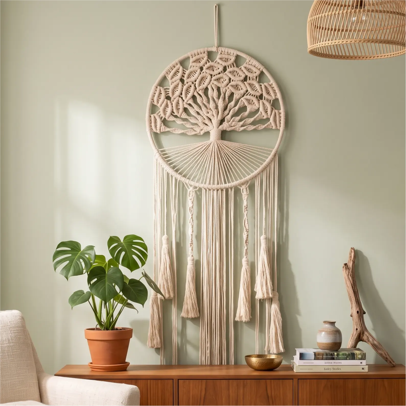 Tree of Life Macrame Dreamcatcher - Minimalist Wooden Handwoven White Cotton Cord Wall Hanging, Knot Detailing, Flowing Fringe, Nature-Inspired Light Backdrop, Bohemian Decor, Sleep Aid, First Apartment Gift with Tree Motifs