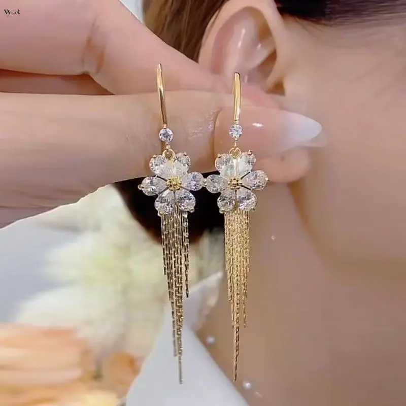 Clear Cubic Zirconia Five-Petal Flower Long Tassel Dangle Earrings for Women, Gold Plated Thin Chain Fringe Drop Hook Earrings, Elegant Face-Slimming Wedding Party Statement Ear Jewelry