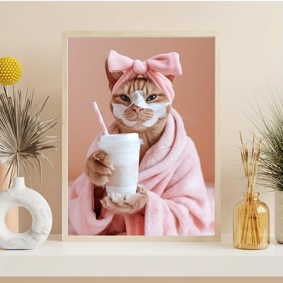 Funny Cat Spa Day Wall Art Set - 1pc Major Material: Other - Playful Cat with Milk Tea Face Mask Canvas Print, Unique Gift for Pet Lovers, Vet Clinic Decor, Humorous Bathroom Artwork, Creative Home Bedroom Kitchen Living Room Cafe Office Toilet Wall Decor