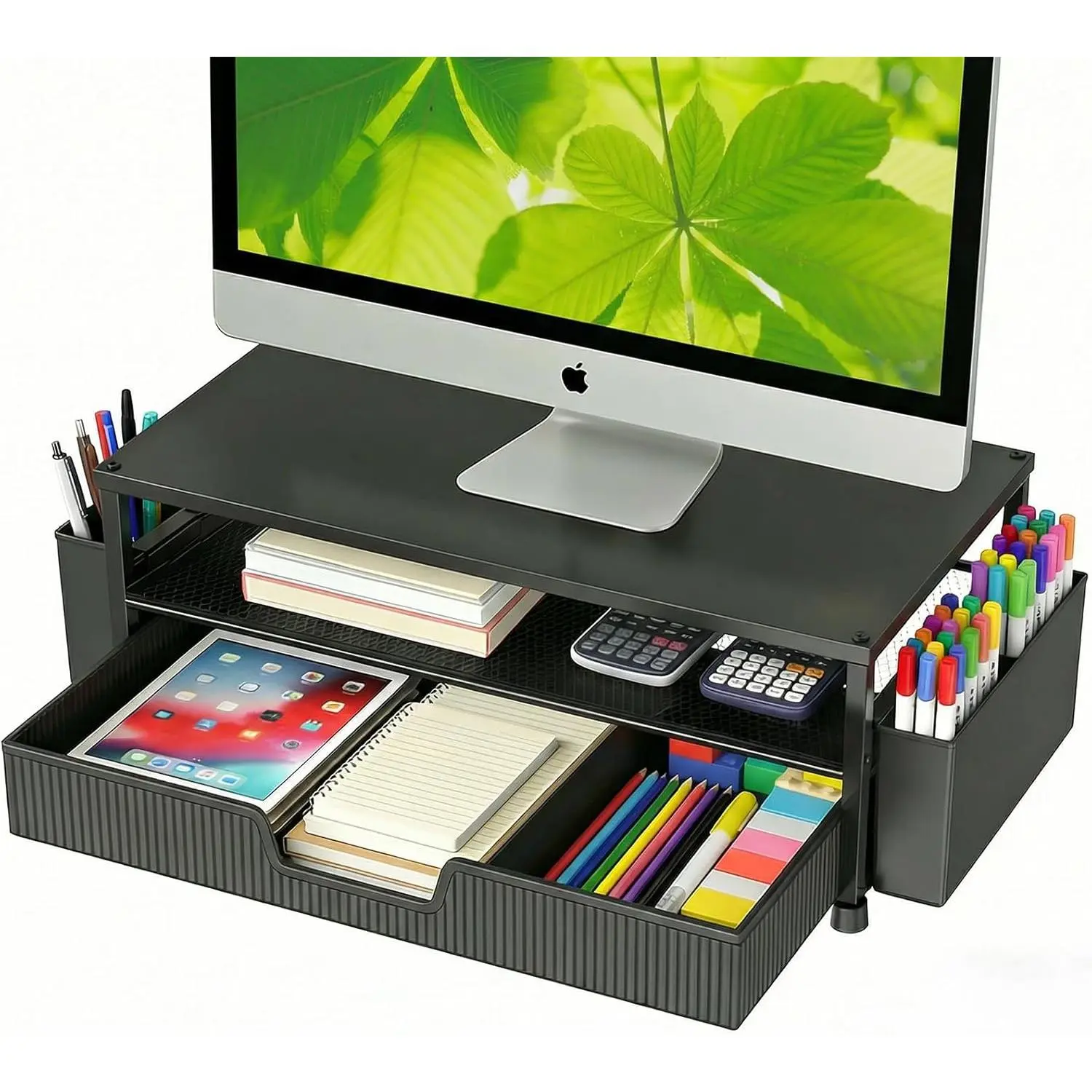 Desk Organizer and Accessories, 2-Tier Computer Monitor Stand Rise with Storage Drawer & 2 Pen Holders, Laptop & Printer Stand for Desktop, Workspace Organizers for Office Supplies (Black)