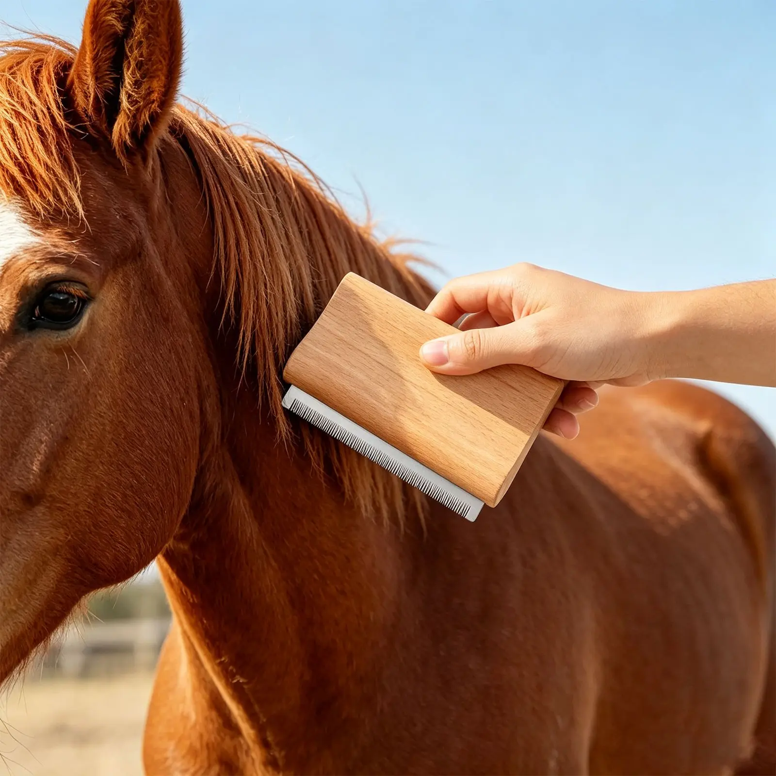 Wooden Horse Sweat Scraper Grooming Brush, Stainless Steel Deshedding Comb for Horses Cattle Goats Large Dogs, Ergonomic Solid Wood Handle Pet Fur Remover Tool to Remove Loose Hair Dirt & Sweat