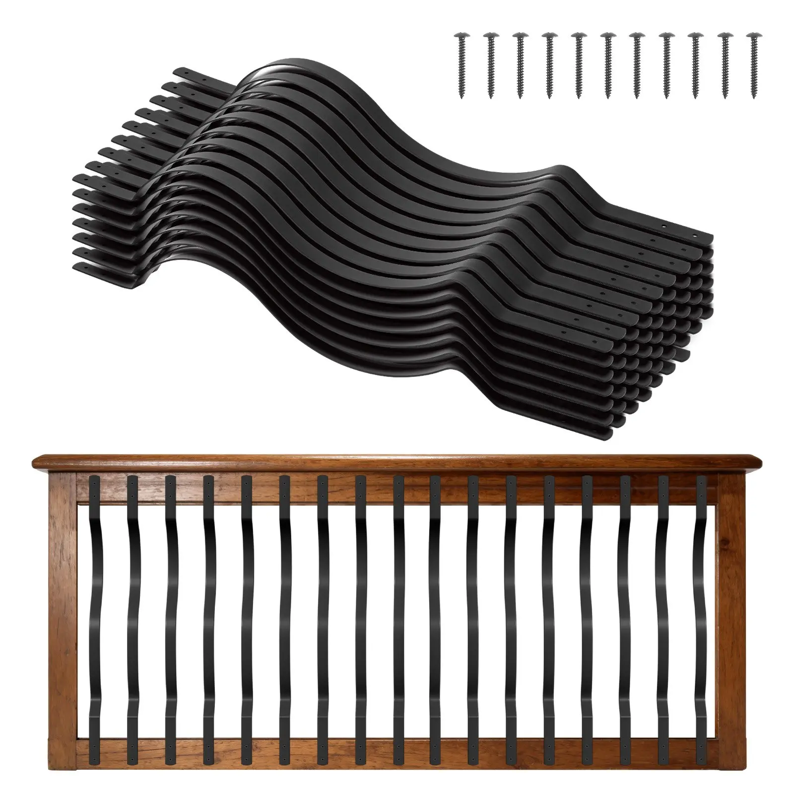 【DealsForYouDays】VEVOR 61-Pack Galvanized Steel Deck Railing Balusters, 32.28x1in Wavy Spindles with Screws, Water-Resistant, Sturdy Black for Outdoor Deck, Porch, Metal Surfaces, Inches