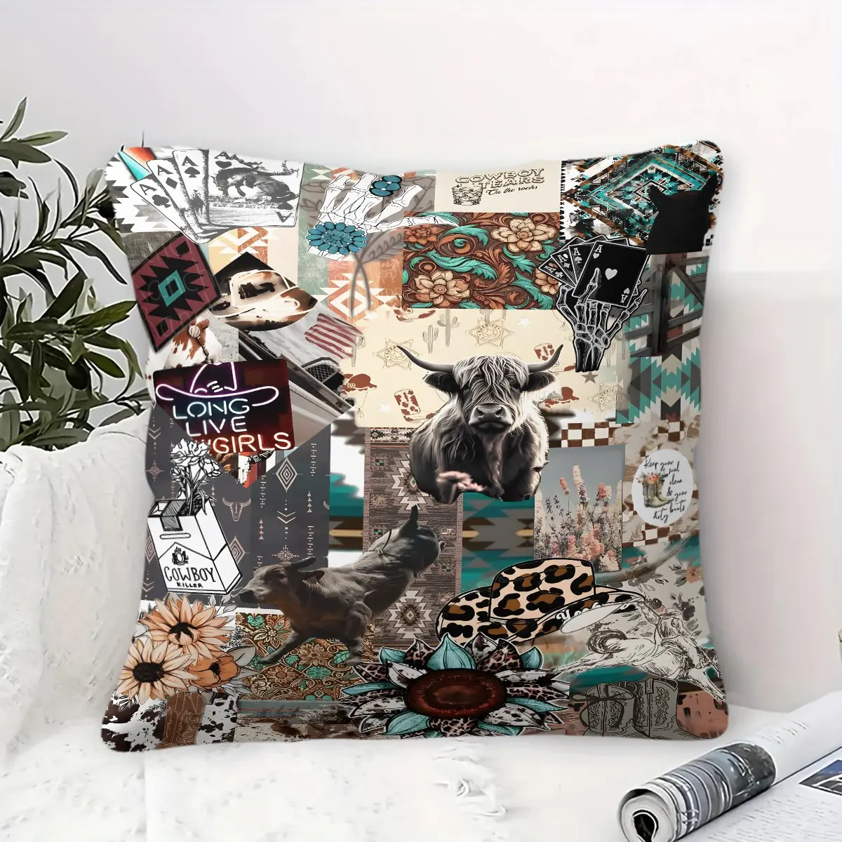 Western Cowboy Patchwork Print Throw Pillow,Perfect holiday gift Highland Cow Sunflower Bohemian Style Soft and Comfortable Home Decorative Cushion, Retro Country Southwest Style Boy and Girl Bedroom Accent Pillow (45*45*1 Piece, Including Pillow Insert)