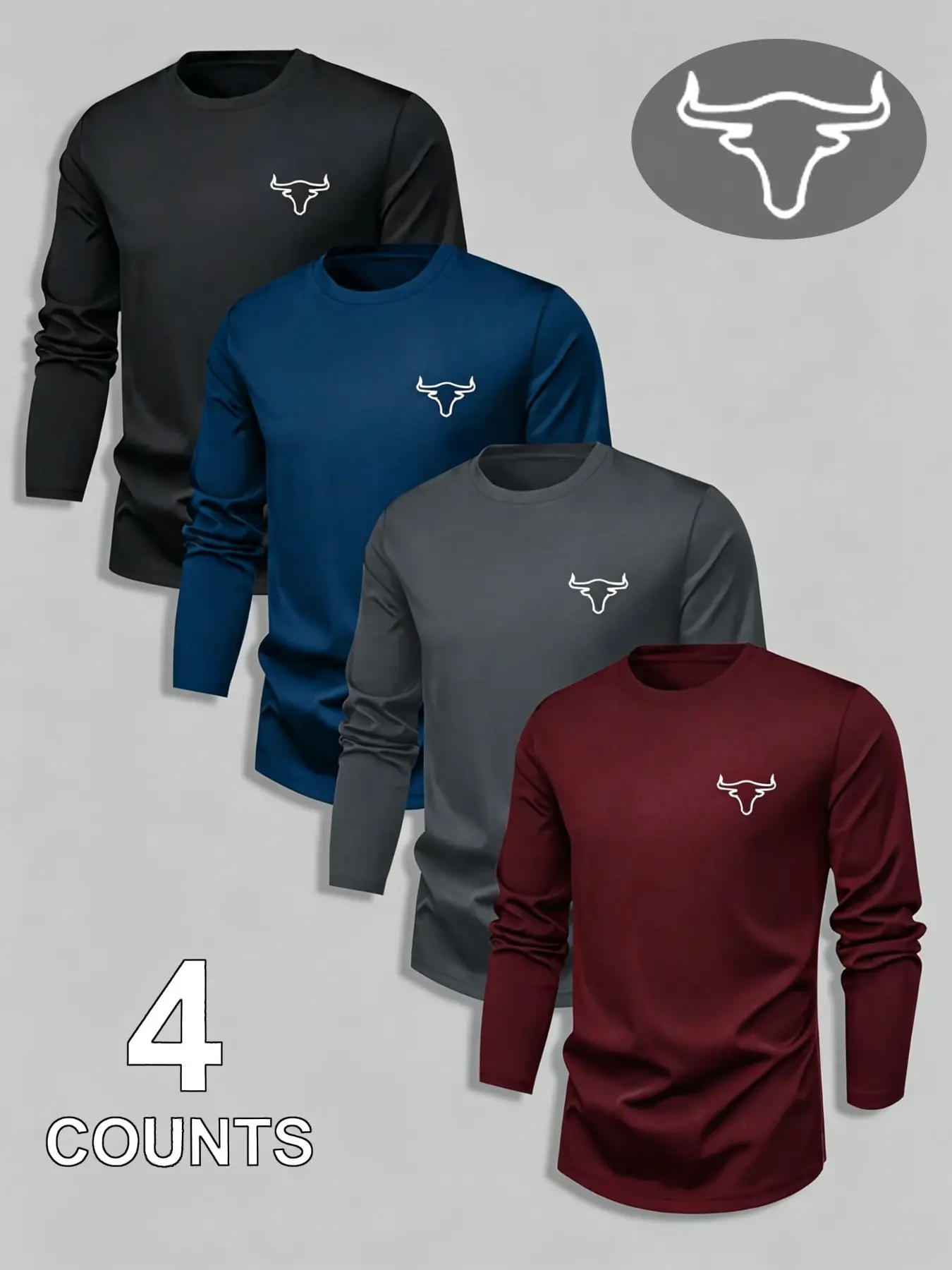 4-Pack Men's Long Sleeve T-Shirts, Bull Head Print, Athletic Shirt, Casual Outdoor Sports, Comfortable Home Wear, Breathable Fabric, All Seasons