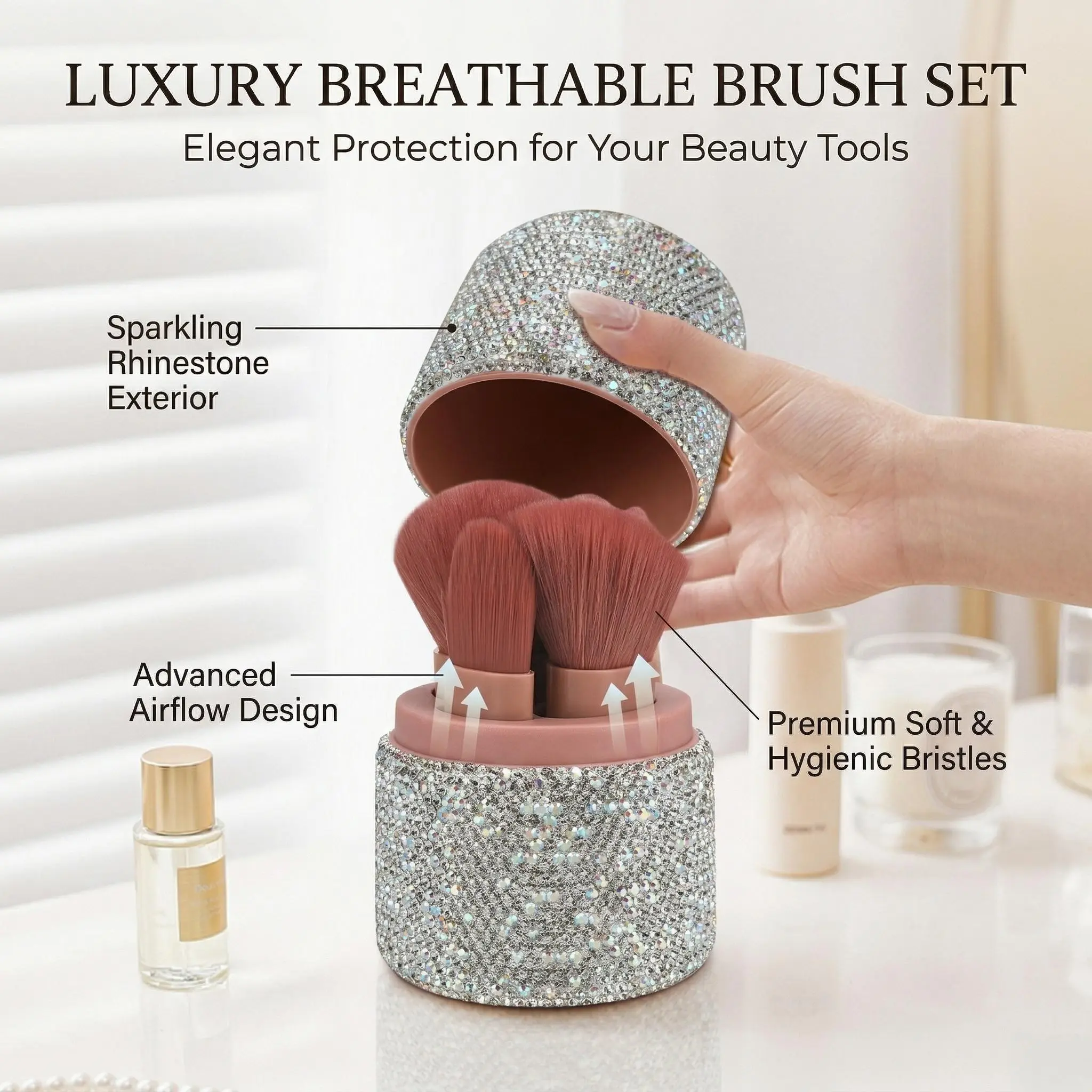 5pcs/set mini powder powder blusher eye shadow brush foundation make-up brush fashionable portable multi-function makeup brush set with rhinestone dust cover travel portable makeup cover