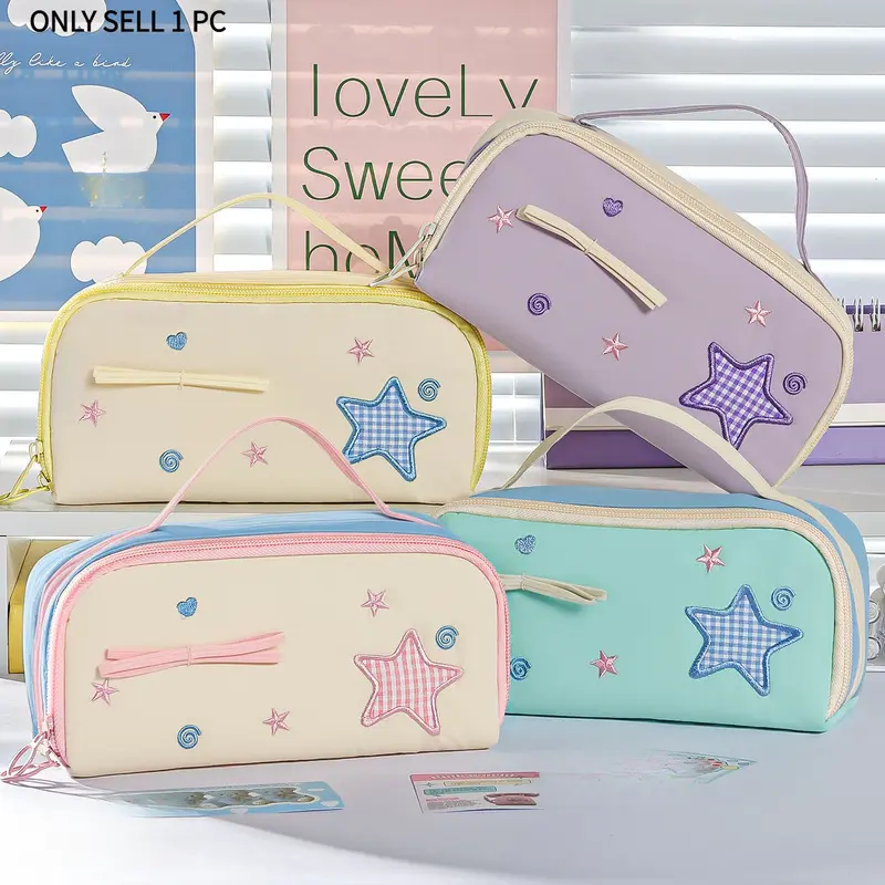Cute Star Gingham Embroidery Pencil Case - Large Capacity Aesthetic Pastel Pen Bag with Handle, Multi-Layer Compartments, Kawaii Preppy Stationery Organizer for School Girls & Teens