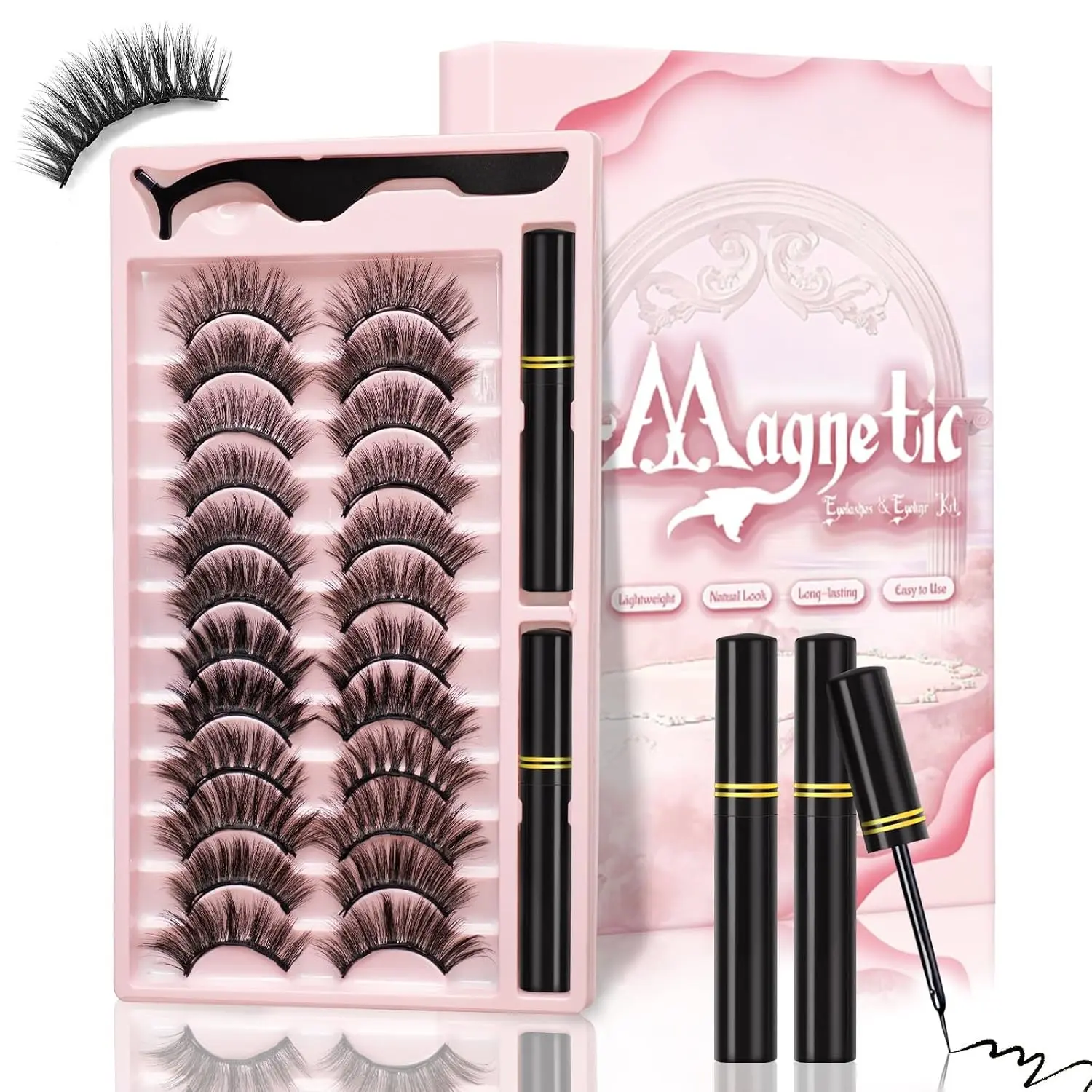 Magnetic Eyelashes and Eyeliner Kit, 12 Pairs Different Magnetic Lashes 3D Natural Look with Eyeliner and Tweezers Easy to Apply, Reusable & Sweatproof Mink False Eyelashes, No Glue Needed (12 pcs)Gift