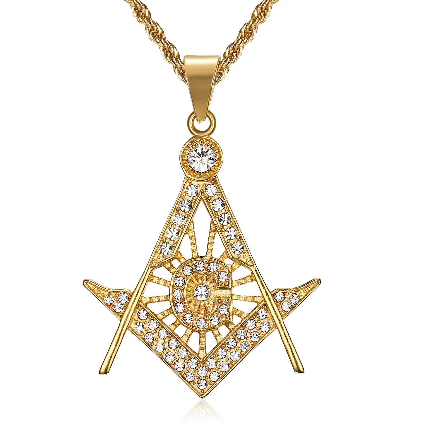 18K Gold Plated Freemason Symbol Pendant Stainless Steel Necklace for Men, 24 inch Chain Masonic Hip Hop Jewelry Gift