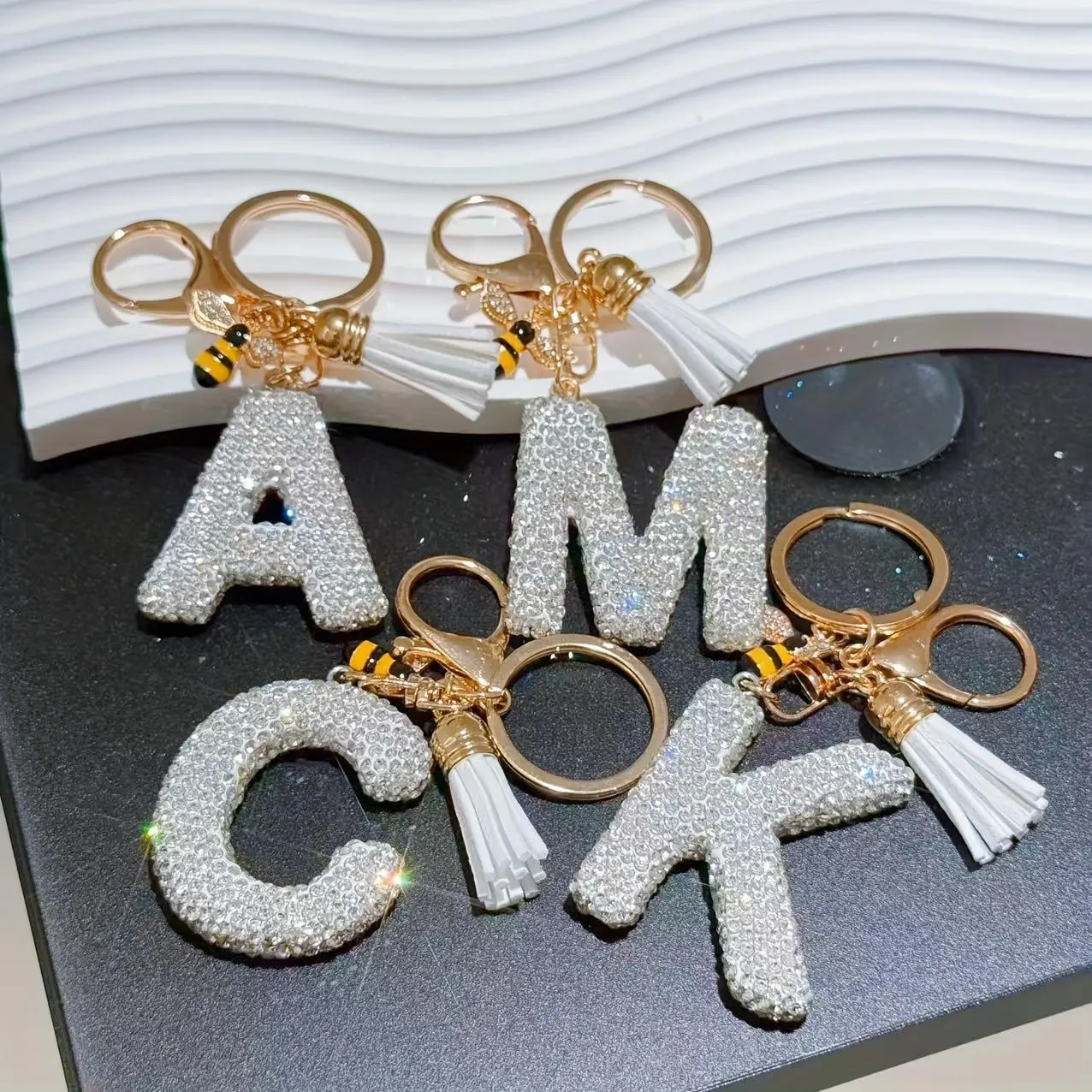 Women's Personalized Rhinestone Initial Bling Bling Keychain, Cute Bee Tassel Custom Charm for Purse, Car Keys, Backpack, Bling Bling Keychains